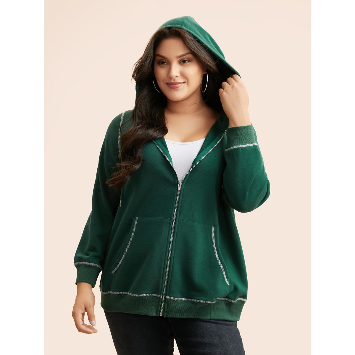 Plus Size Contrast Stitch Hooded Drawstring Sweatshirt Women DarkGreen Casual Topstitching Loose Non Everyday Sweatshirts BloomChic 18-20/2X Product Image