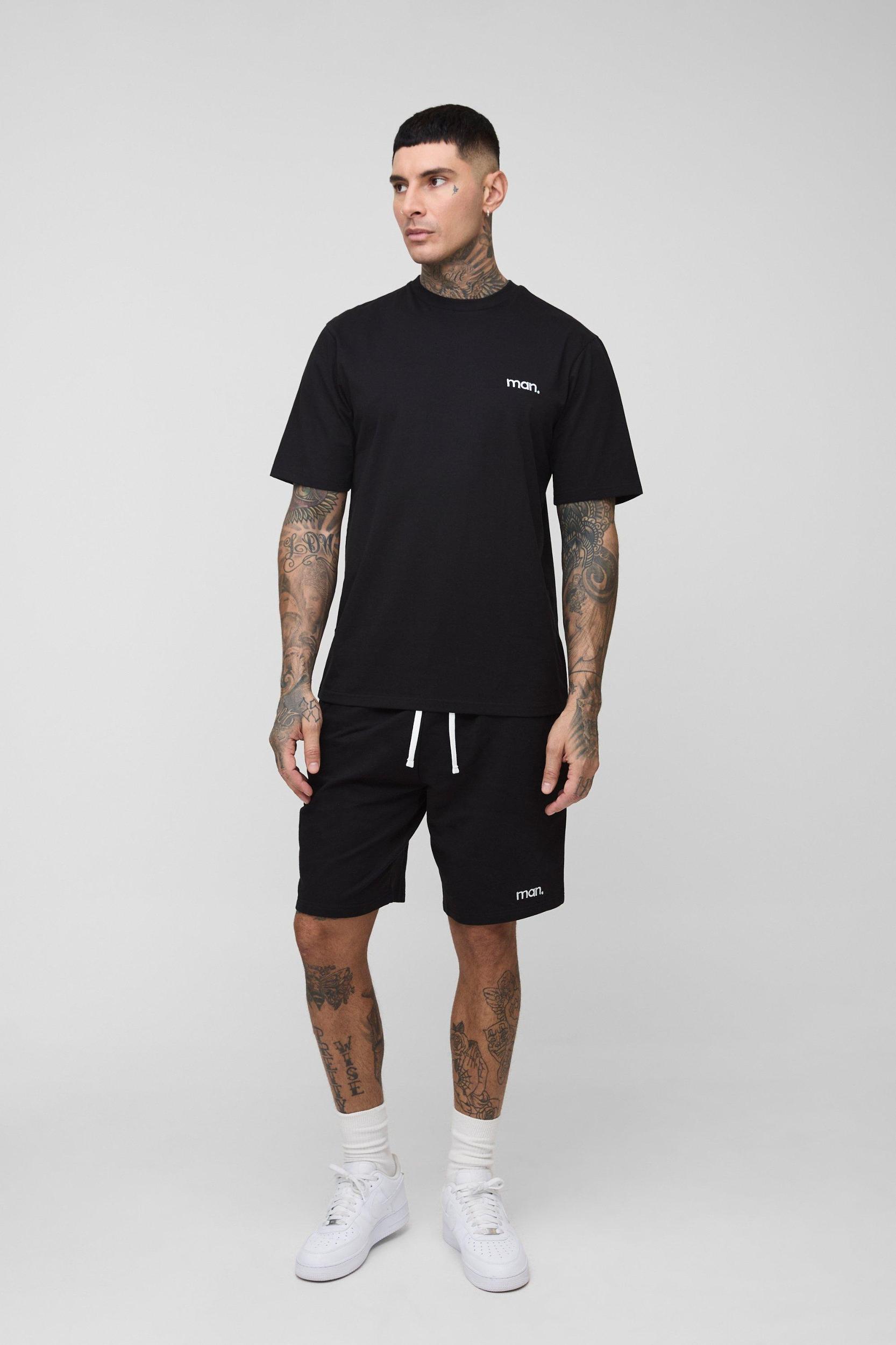 Tall Man Embroidered Regular Fit T-Shirt & Short Set | boohooMAN USA Product Image