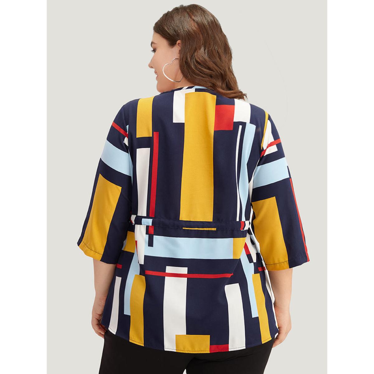 Plus Size Multicolor Geometric Contrast Drawstring Button Up Blouse Women Office Elbow-length sleeve V-neck Office Blouses BloomChic 26/4X Product Image