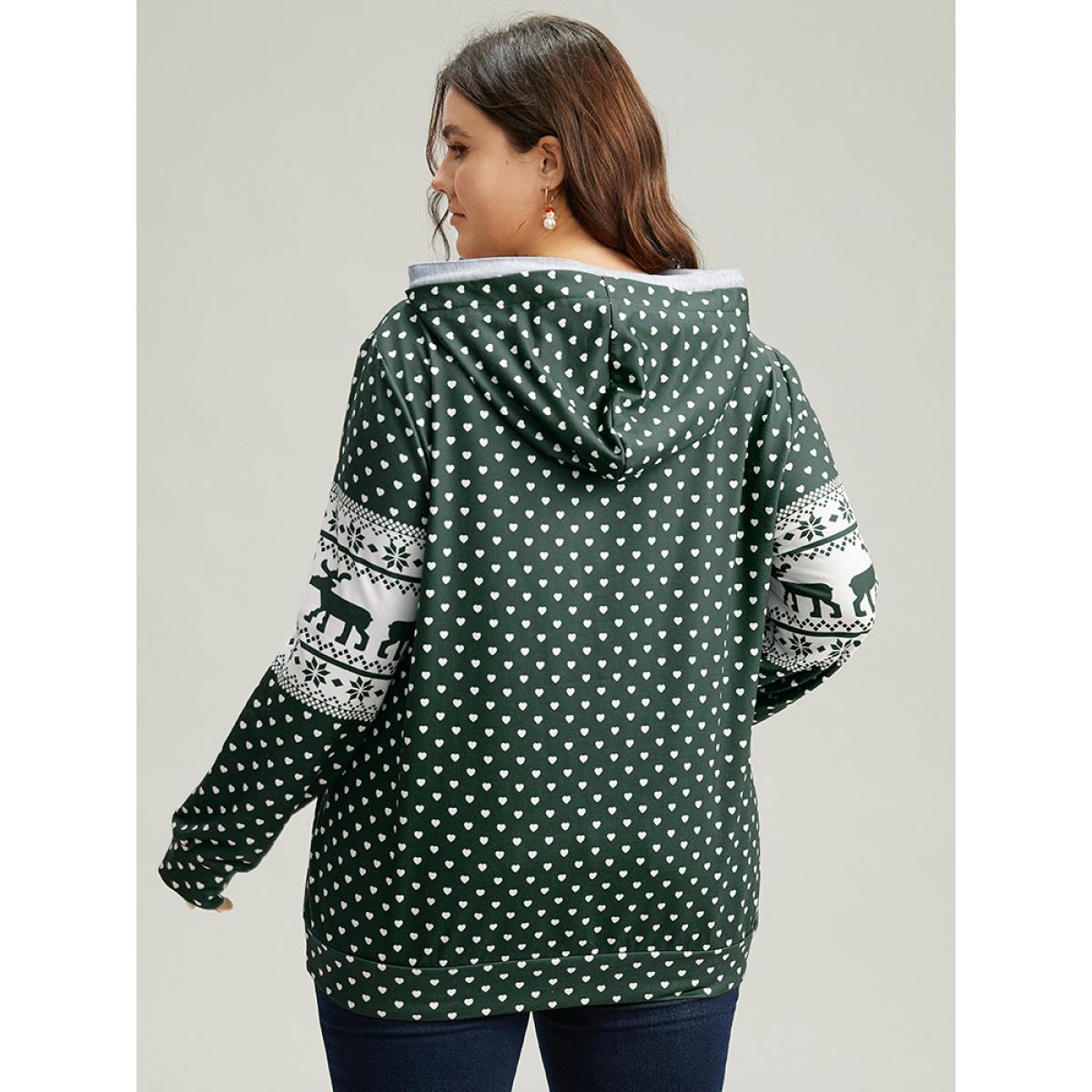 Plus Size Christmas Elk Contrast Kangaroo Pocket Hooded Sweatshirt Women Green Casual Printed Hooded Festival-Halloween Sweatshirts BloomChic 22-24/3X Product Image