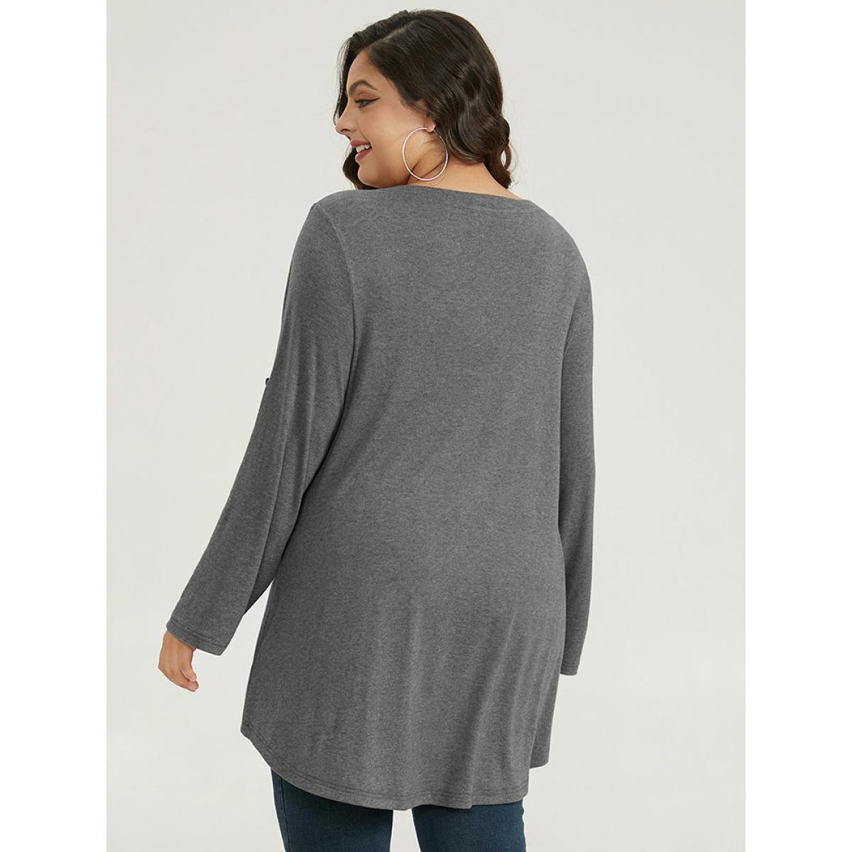 Plus Size Polka Dot Patched Pocket Tab Sleeve T-shirt DimGray Women Casual Contrast Polka Dot Round Neck Dailywear T-shirts BloomChic 12/L Product Image