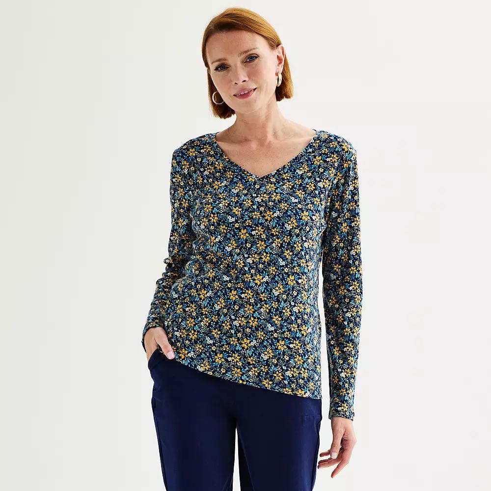 Petite Croft & Barrow® Essential Long-Sleeve V-Neck Top, Women's,  Product Image