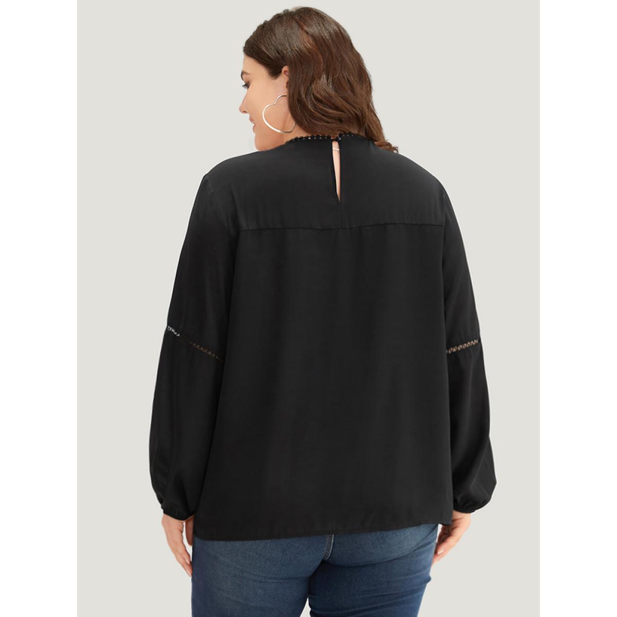 Plus Size Black Anti-Wrinkle Pompom Trim Guipure Lace Keyhole Blouse Women Office Long Sleeve Round Neck Dailywear Blouses BloomChic 18-20/2X Product Image