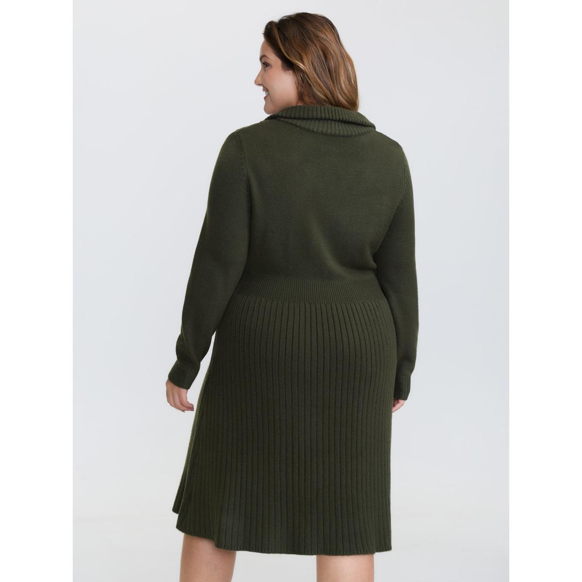 Plus Size Zipper Front Fit and Flare Midi Sweater Dress ArmyGreen Women Timeless Bodycon Long Sleeve Casual Sweater Dresses BloomChic 14-16/1X Product Image