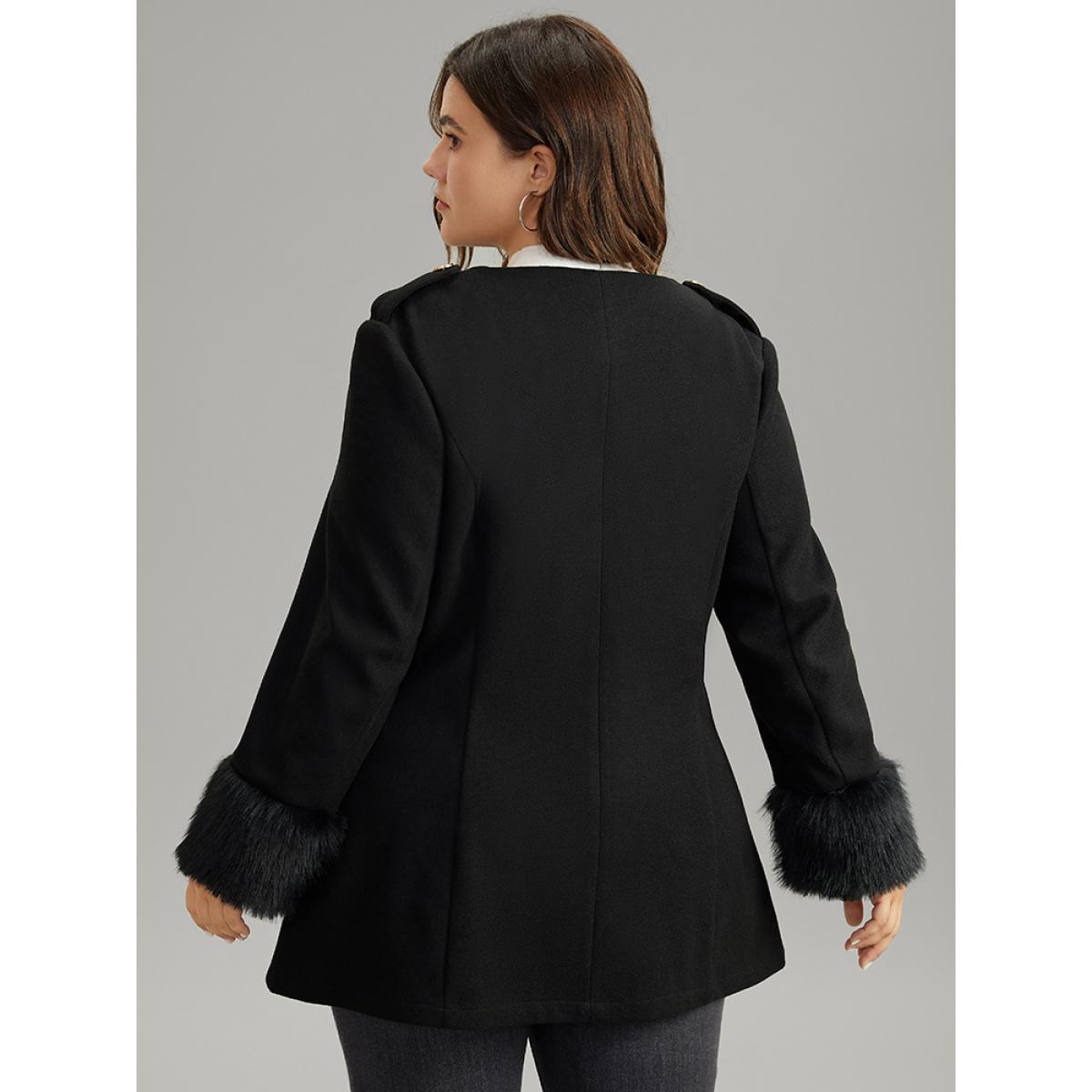 Plus Size Solid Fuzzy Sleeve Pocket Metal Detail Coat Women Black Casual Plain Ladies Dailywear Winter Coats BloomChic 26/4X Product Image