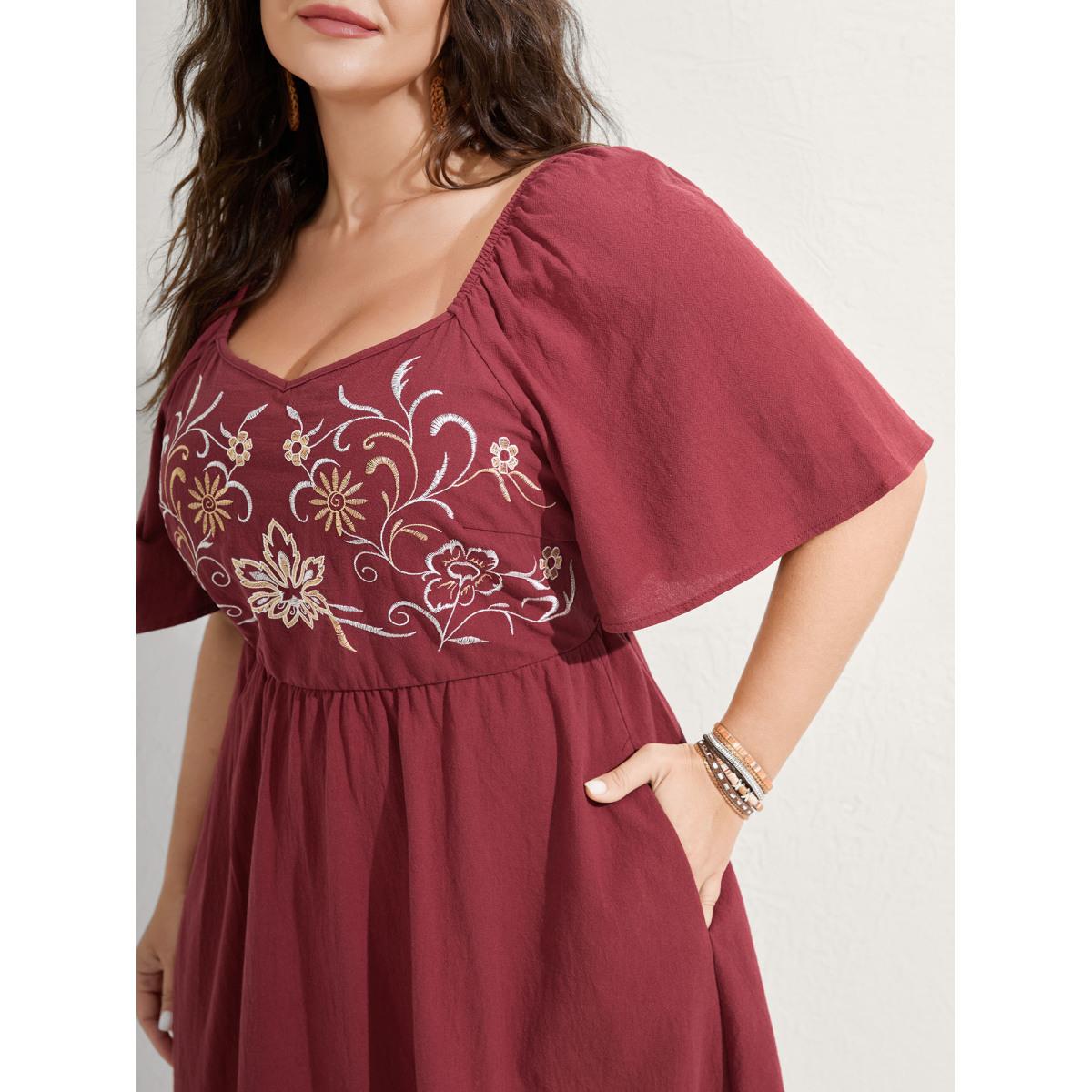 Plus Size Pure Cotton Floral Embroidered Midi Dress Burgundy Women Boho Embroidered Heart neckline Short sleeve Curvy BloomChic 28/5X Product Image