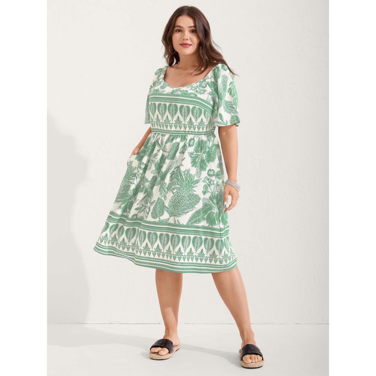 Plus Size Boho Print Fit Flare Pockets Midi Dress Mint Women Resort Non Heart neckline Short sleeve Curvy BloomChic 28/5X Product Image