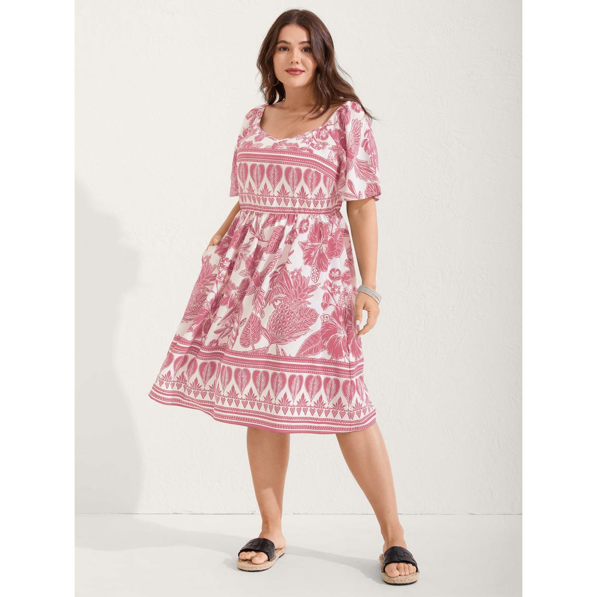 Plus Size Boho Print Fit Flare Pockets Midi Dress Blush Women Resort Non Heart neckline Short sleeve Curvy BloomChic 26/4X Product Image