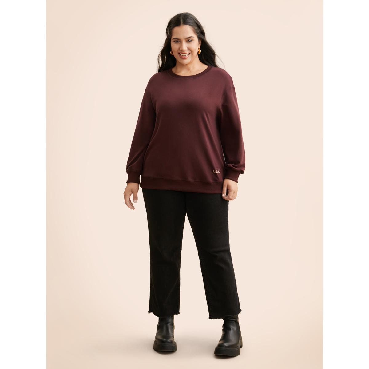 Plus Size Letter Embroidered Round Neck Sweatshirt Women Maroon Casual Patchwork Loose Round Neck Everyday Sweatshirts BloomChic 10/M Product Image