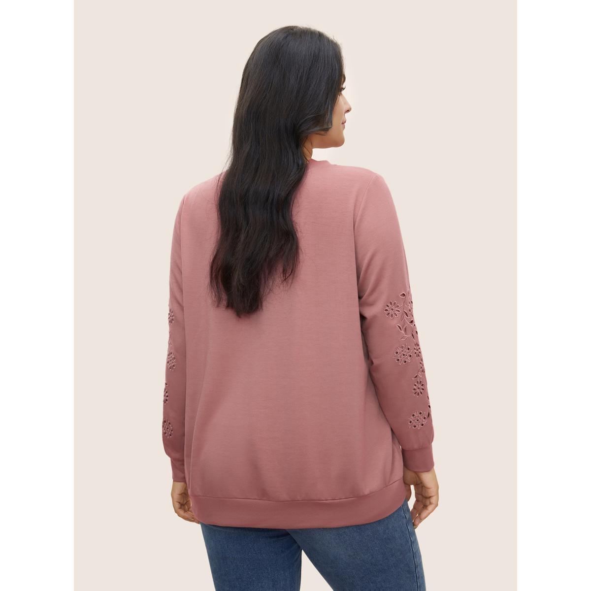 Plus Size Solid Broderie Anglaise Crew Neck Sweatshirt Women DustyPink Elegant Non Round Neck Everyday Sweatshirts BloomChic 22-24/3X Product Image