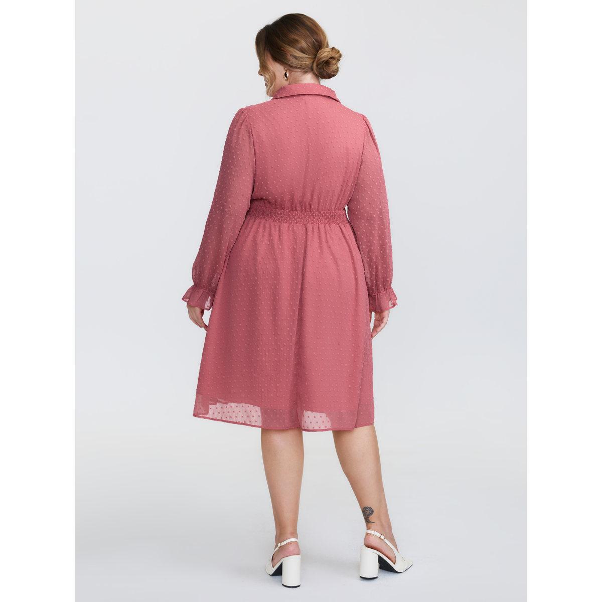 Plus Size Chiffon Texture V-Neck Shirred Waist Midi Dress Watermelon Women Timeless Texture Shirt collar Long Sleeve Curvy BloomChic 14-16/1X Product Image