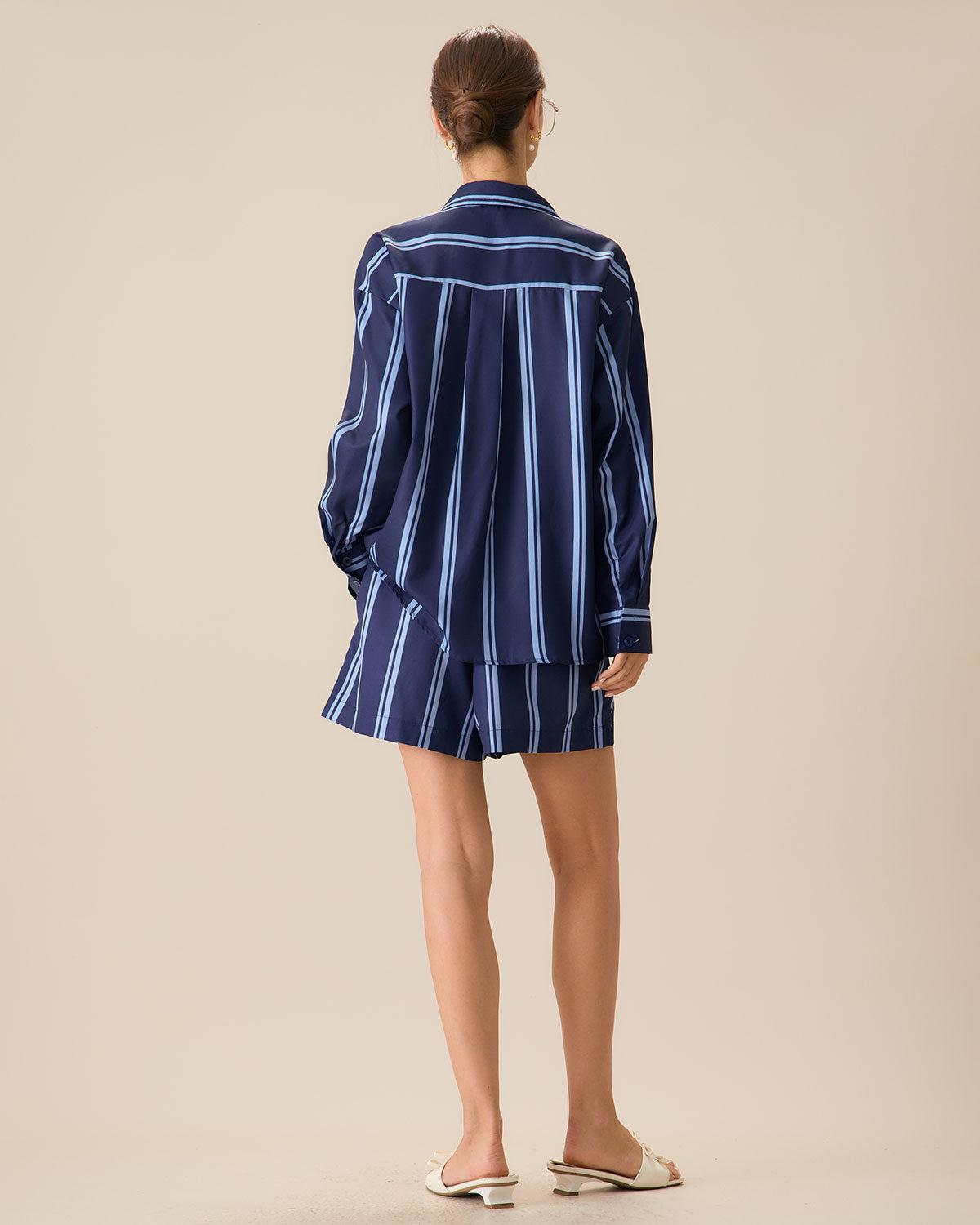 Women's Navy Striped Pocket Shirt Female Product Image