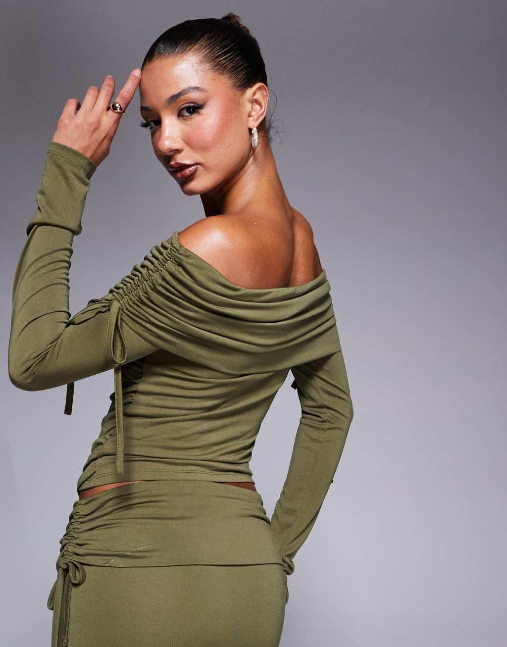 ASOS DESIGN soft handle off the shoulder ruched long sleeve top in olive Product Image