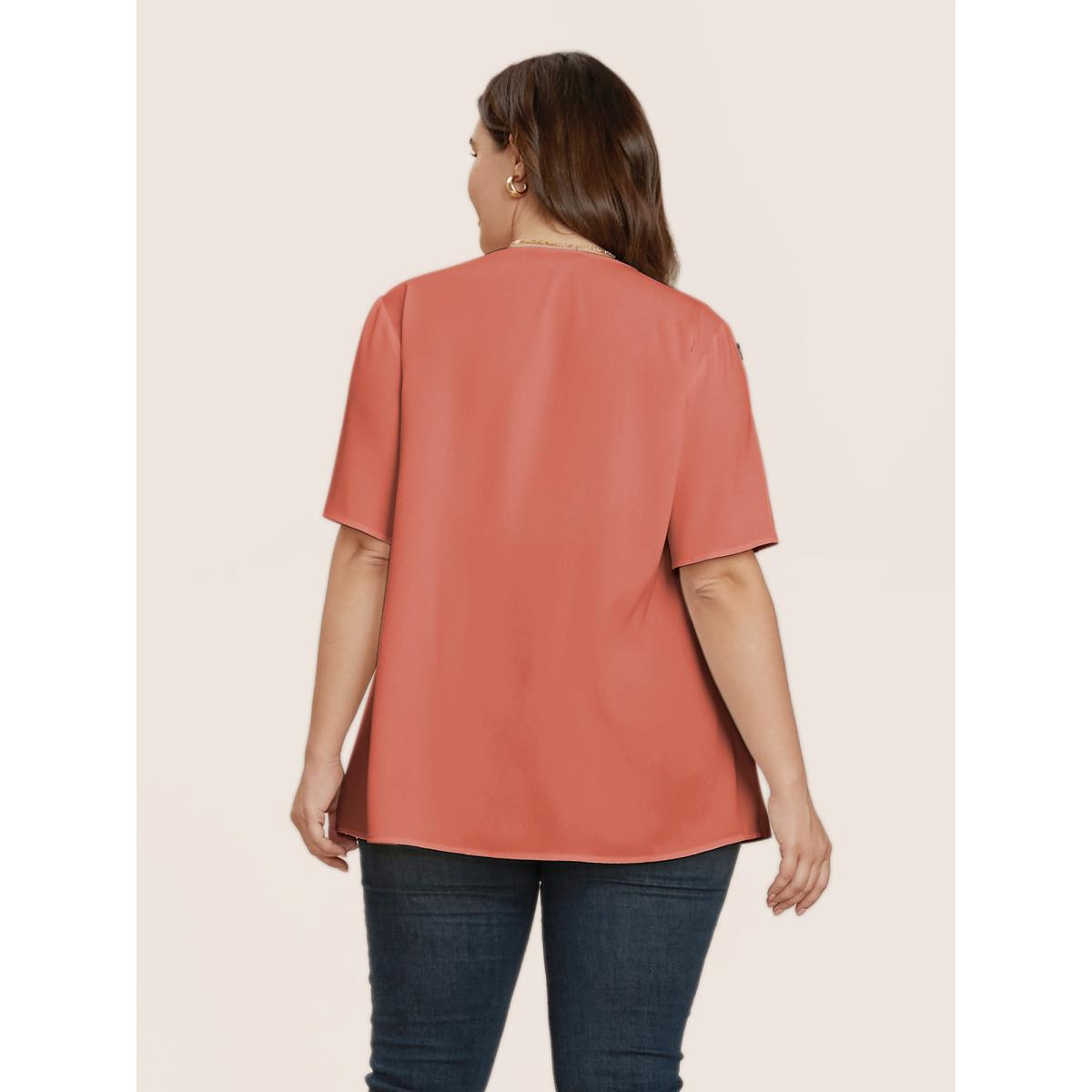Plain Chiffon Casual Flutter Plus Size Blouses Women Basic Plain Crepe Button Ruffle Sleeve Short Sleeve Round Neck Workwear Blouses BloomChic Product Image