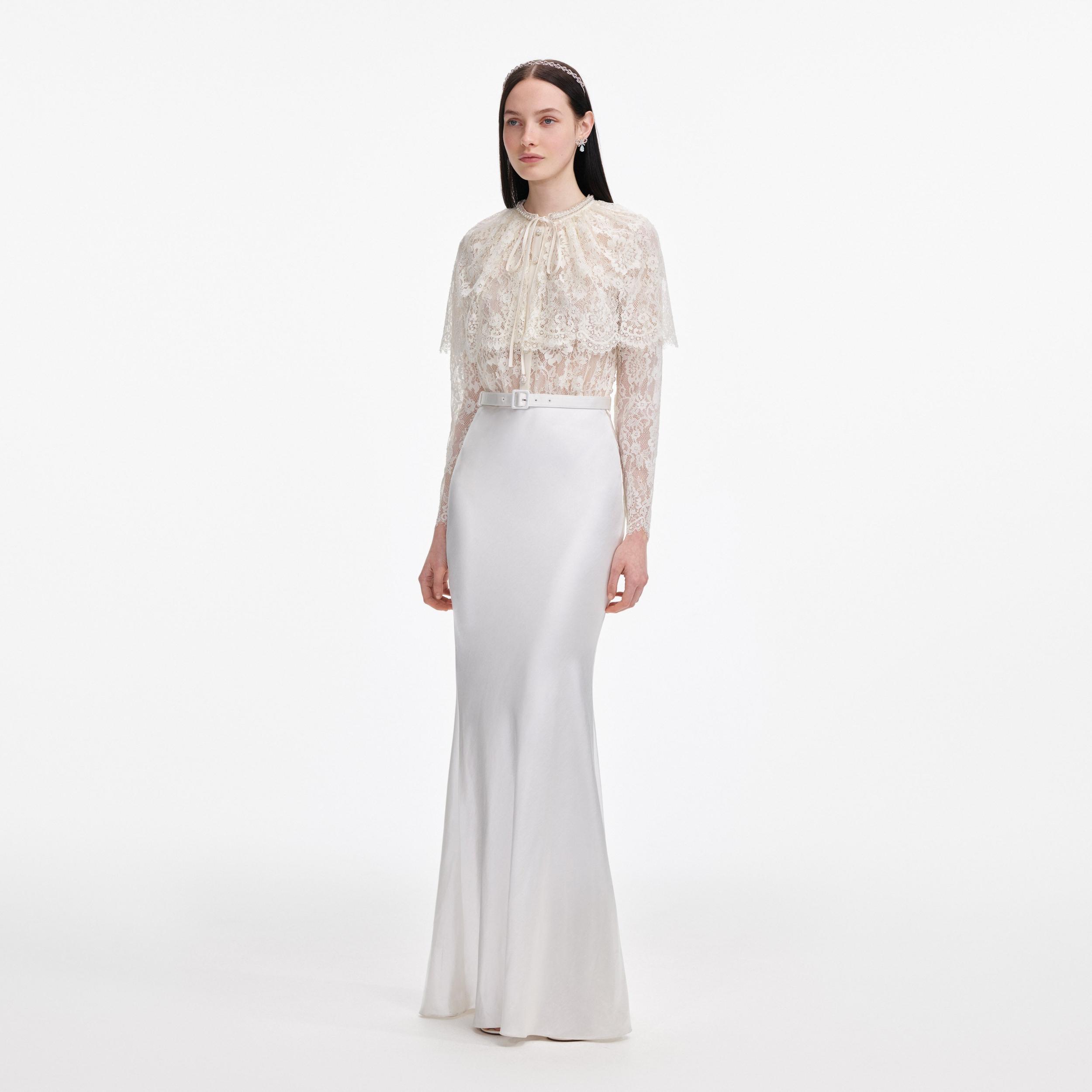 White Lace Cape Maxi Dress Product Image