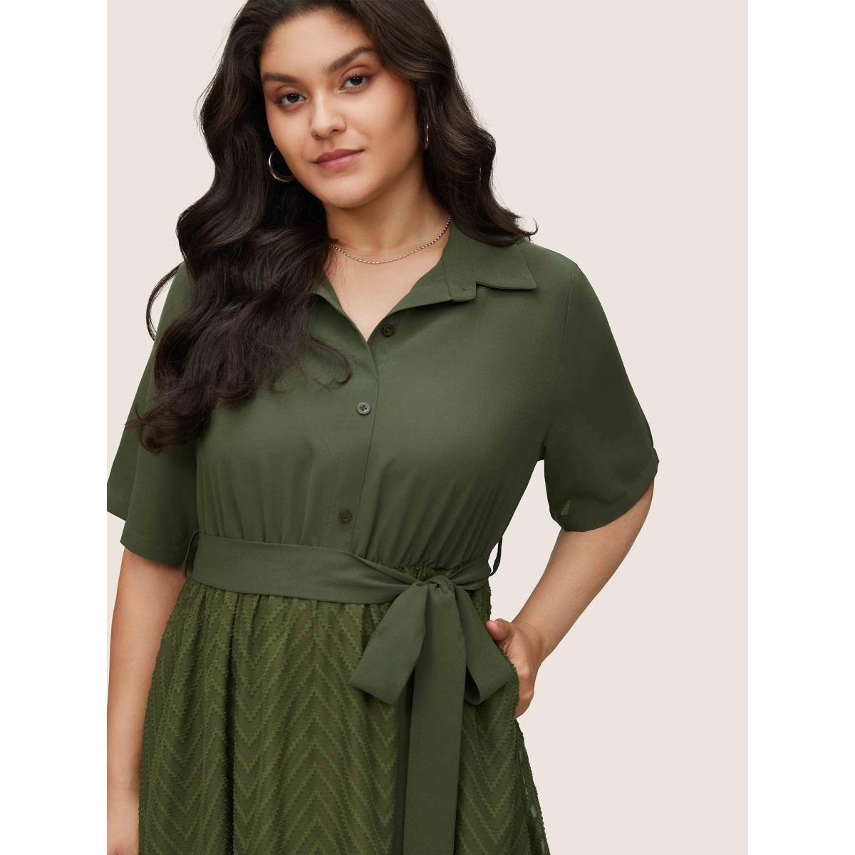 Plus Size Plain Texture Mesh Belted Asymmetrical Hem Dress ArmyGreen Women At the Office Texture Shirt collar Short sleeve Curvy Midi Dress BloomChic 14-16/1X Product Image