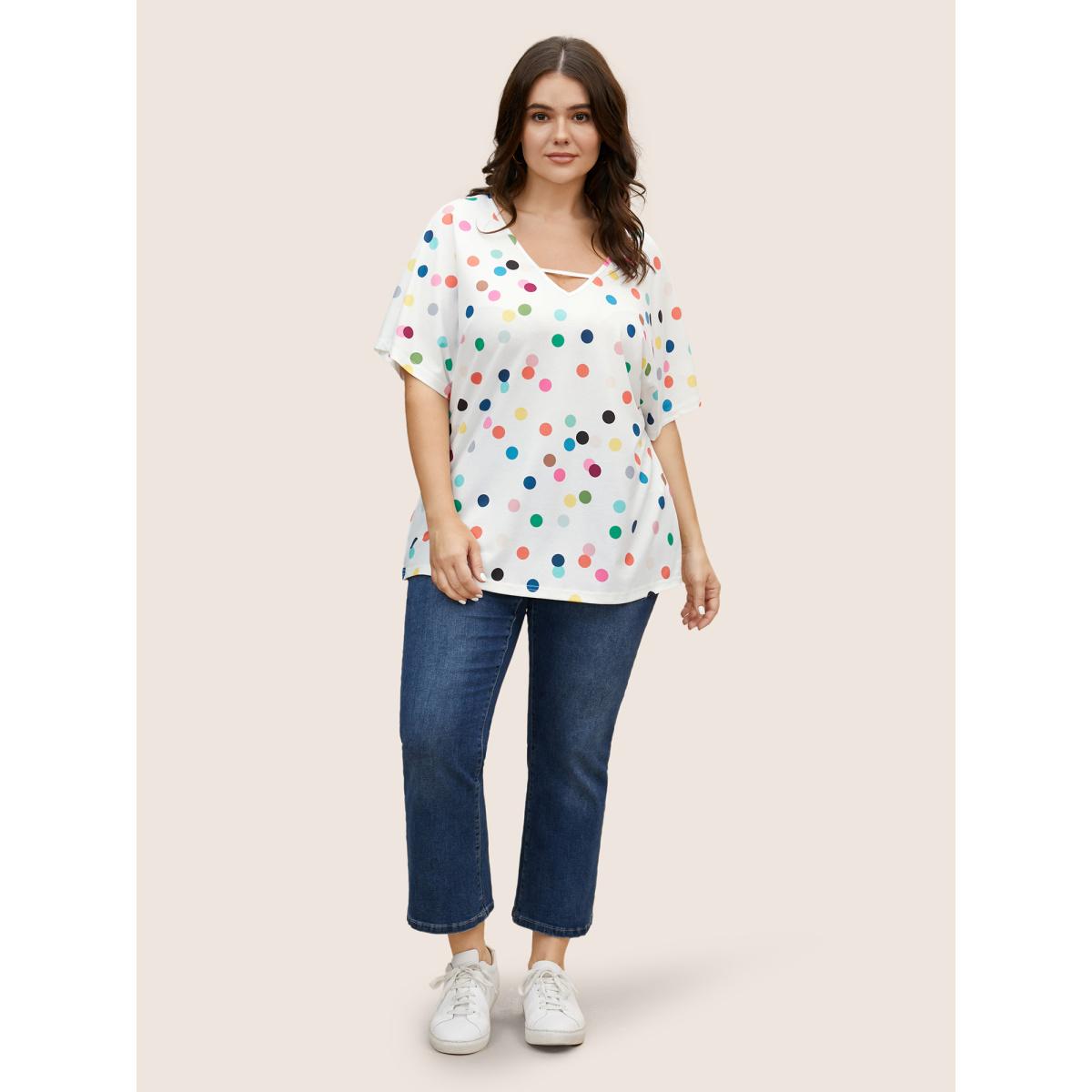 Plus Size Contrast Polka Dot Keyhole Dolman Sleeve T-shirt Multicolor Women Casual Contrast Art&design V-neck Everyday T-shirts BloomChic 26/4X Product Image
