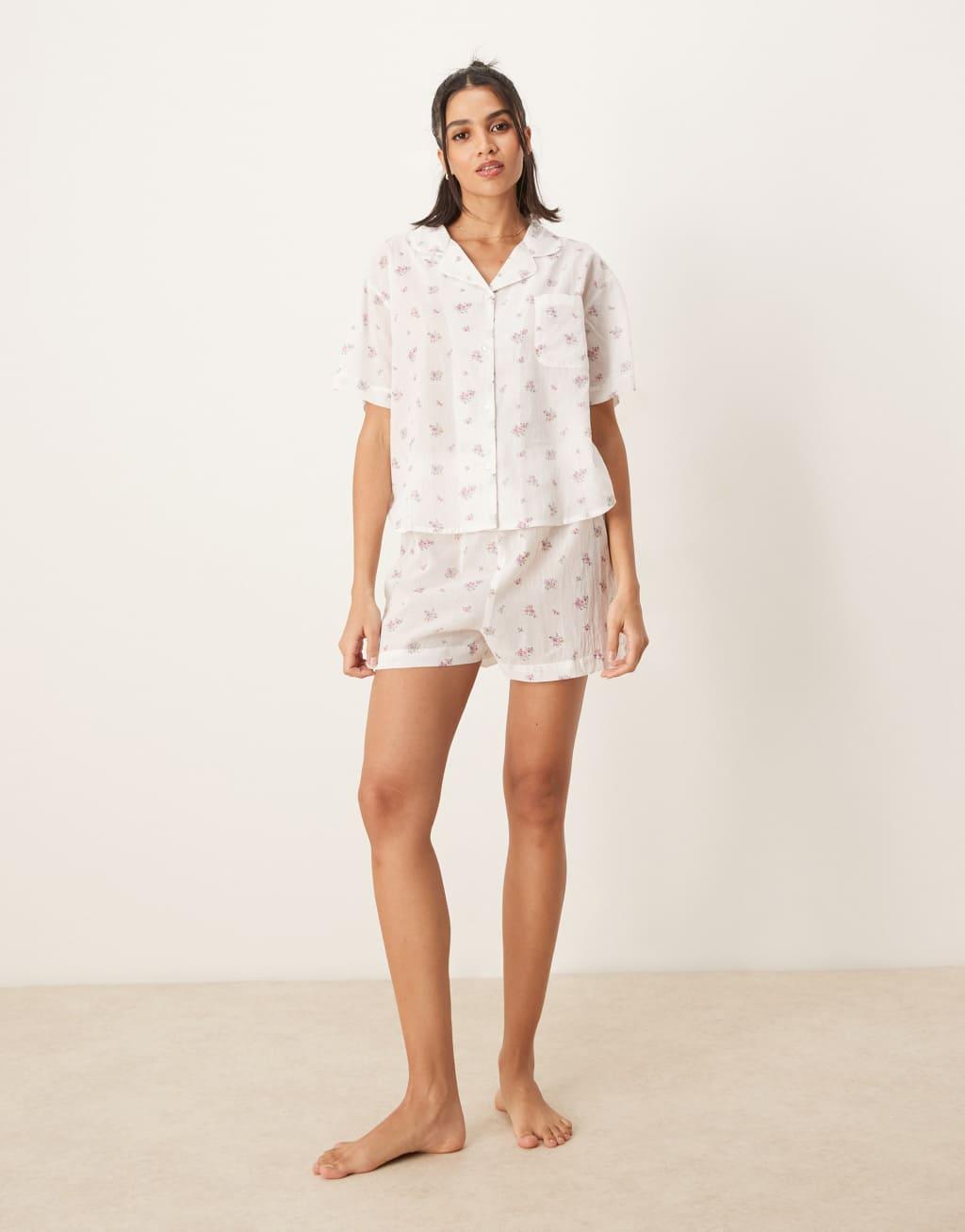 Luna short sleeve camp collar pajama top and shorts set in cheesecloth delicate floral print  Product Image