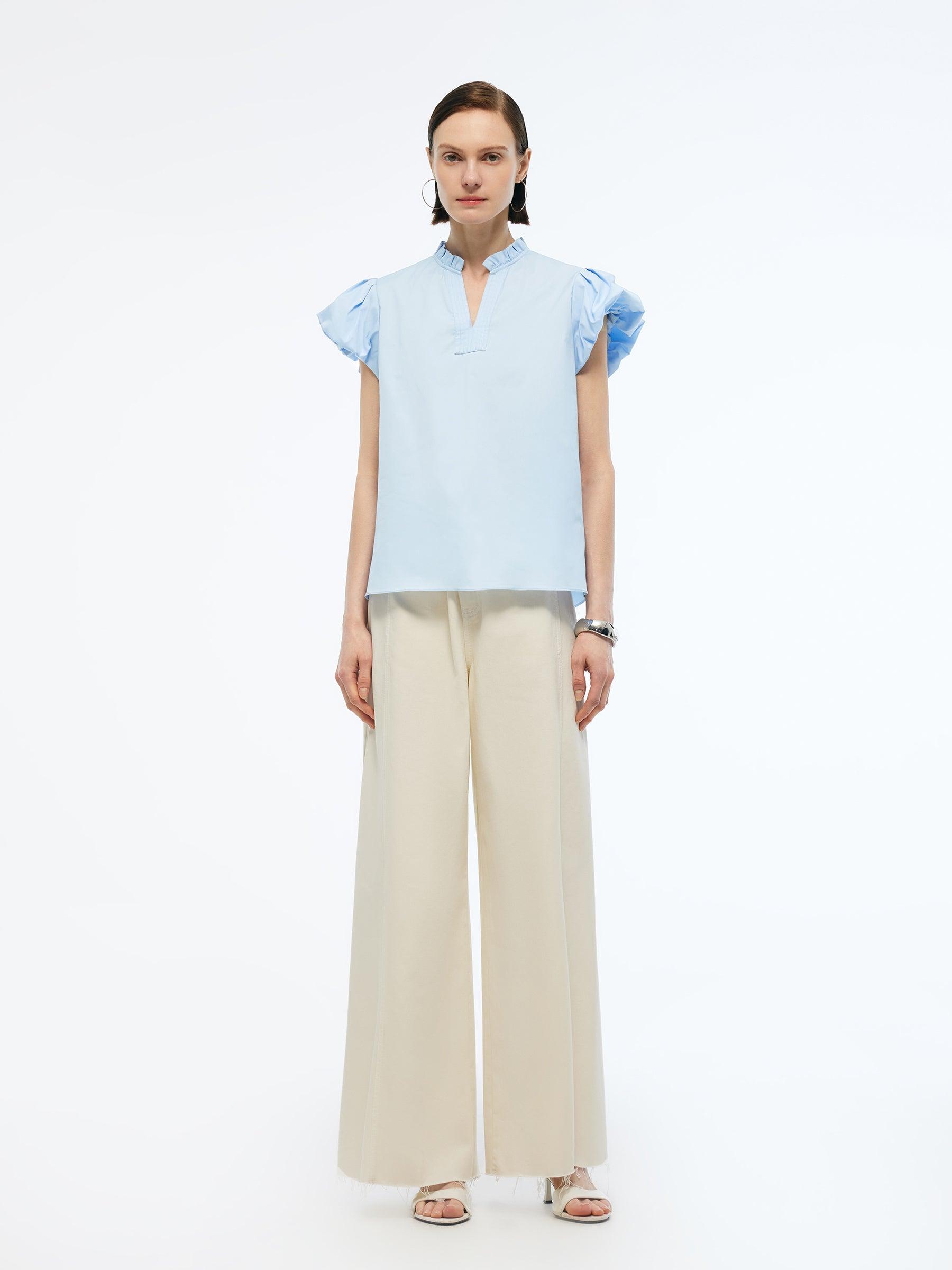 Ruffle Collar V-Neck Women Puff Sleeve Blouse Product Image