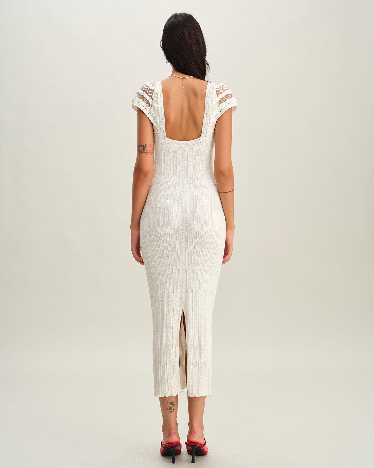 White Crochet Bodycon Sweater Dress Product Image
