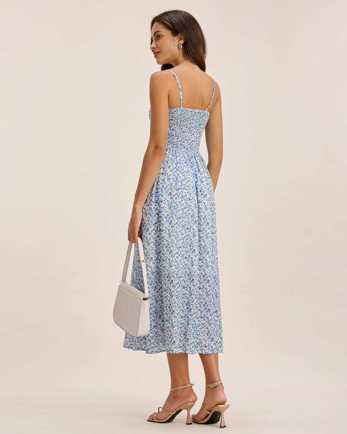 Blue Floral V Neck Shirred Slip Midi Dress Product Image