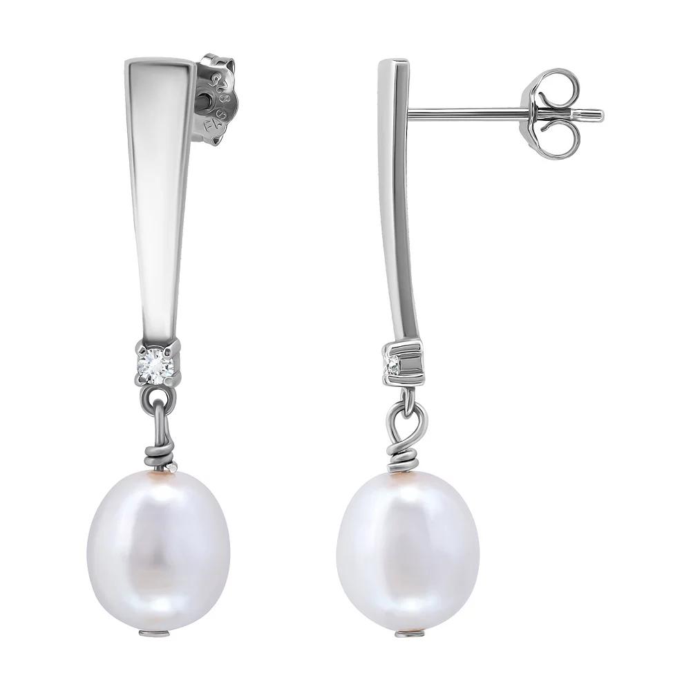 Aleure Precioso Sterling Silver Freshwater Cultured Pearl & Cubic Zirconia Linear Drop Earrings, Womens, Silver Tone Product Image