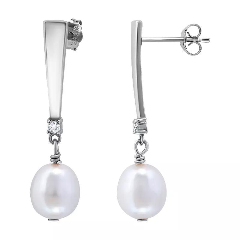 Aleure Precioso Sterling Silver Freshwater Cultured Pearl & Cubic Zirconia Linear Drop Earrings, Womens, Silver Tone Product Image