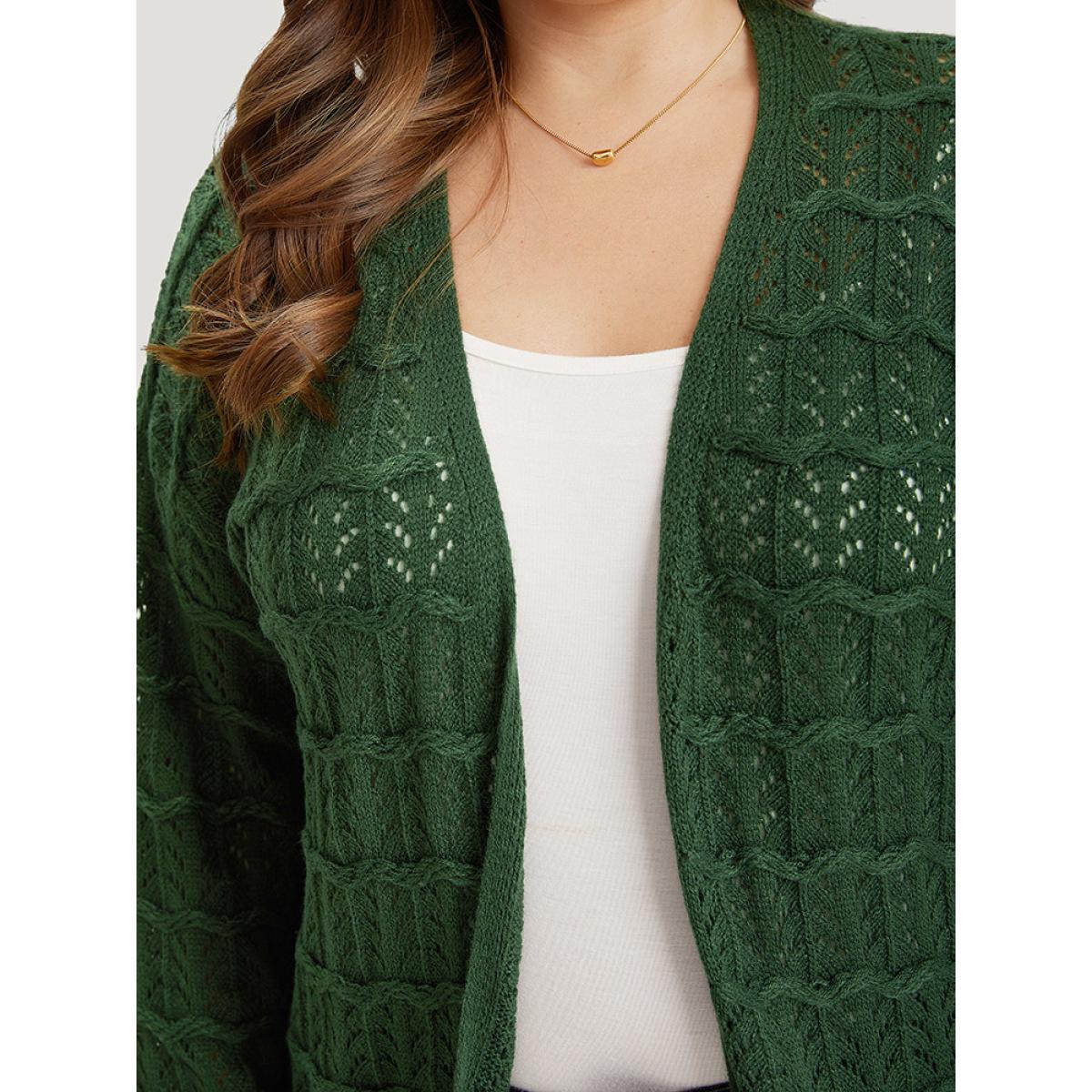 Plus Size Plain Geometric Eyelet Cable Knit Tunic Cardigan DarkGreen Women Casual Loose Long Sleeve Everyday Cardigans BloomChic 12/L Product Image