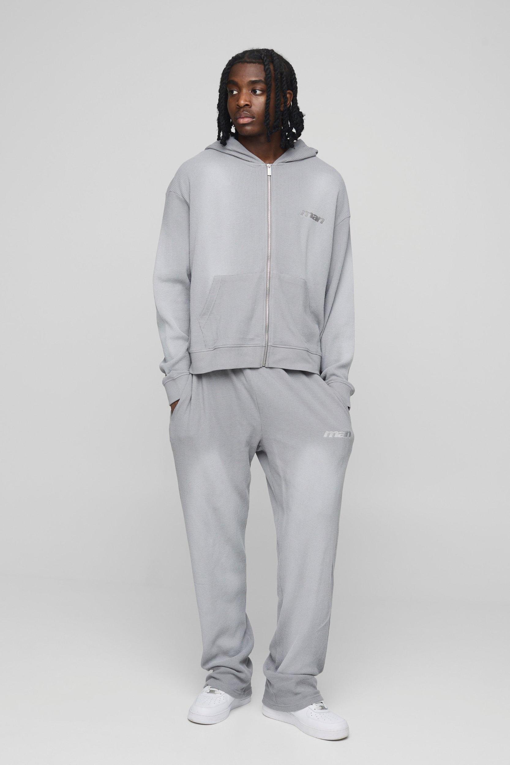 Oversized Boxy Man Washed Waffle Hooded Zip Tracksuit | boohooMAN USA Product Image