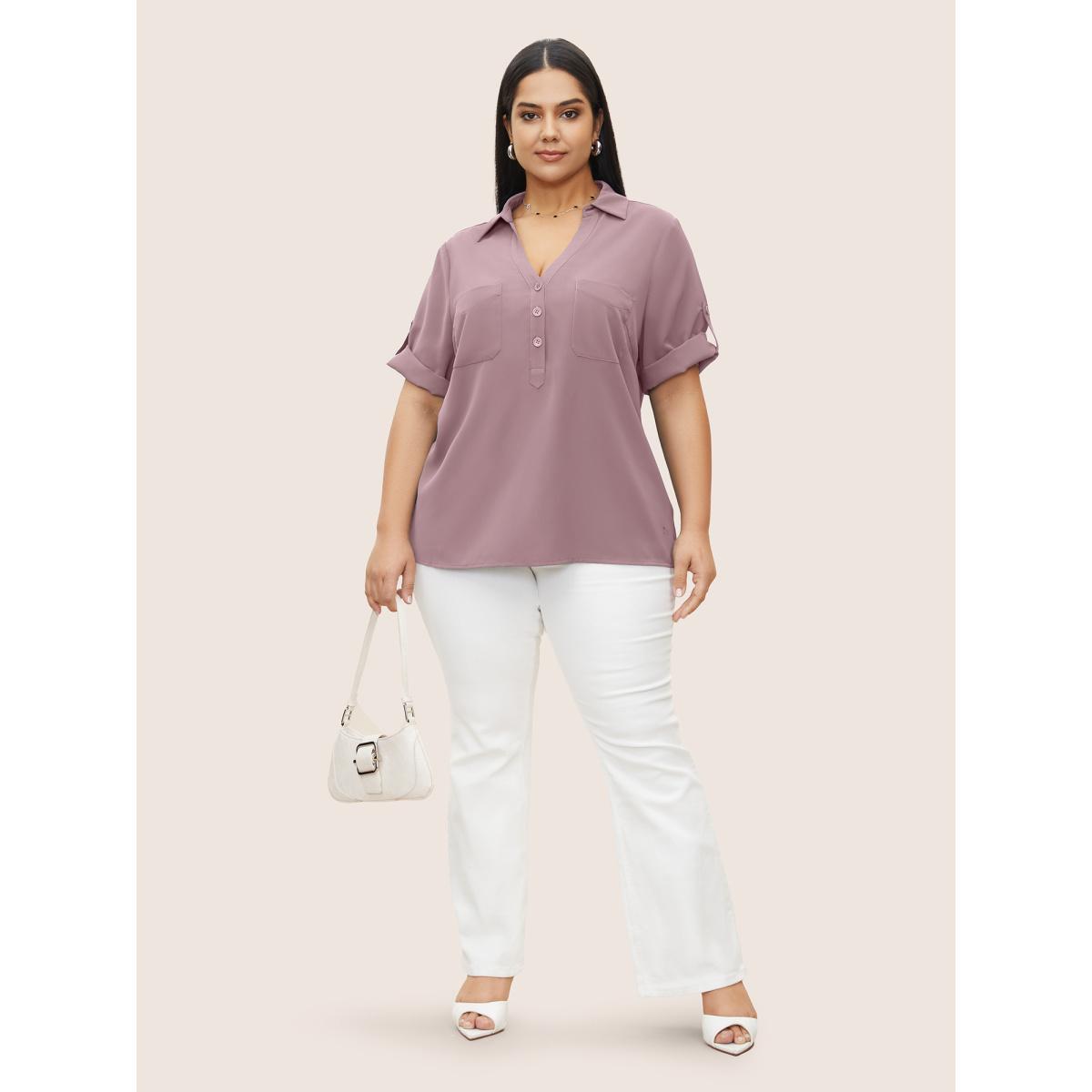 Plus Size Mauve Shirt Collar Patched Pocket Tab Sleeve Blouse Women Work From Home Elbow-length sleeve Shirt collar Office Blouses BloomChic 10/M Product Image