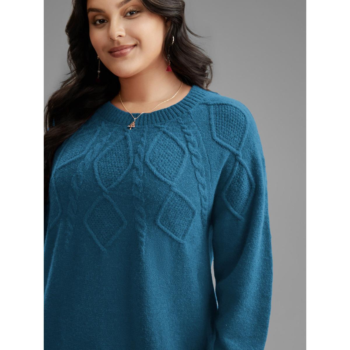 Plus Size Cable Knit Bodice Crew-Neck Pullover Brightred Women Leisure Loose Long Sleeve Round Neck Casual Pullovers BloomChic 22-24/3X Product Image