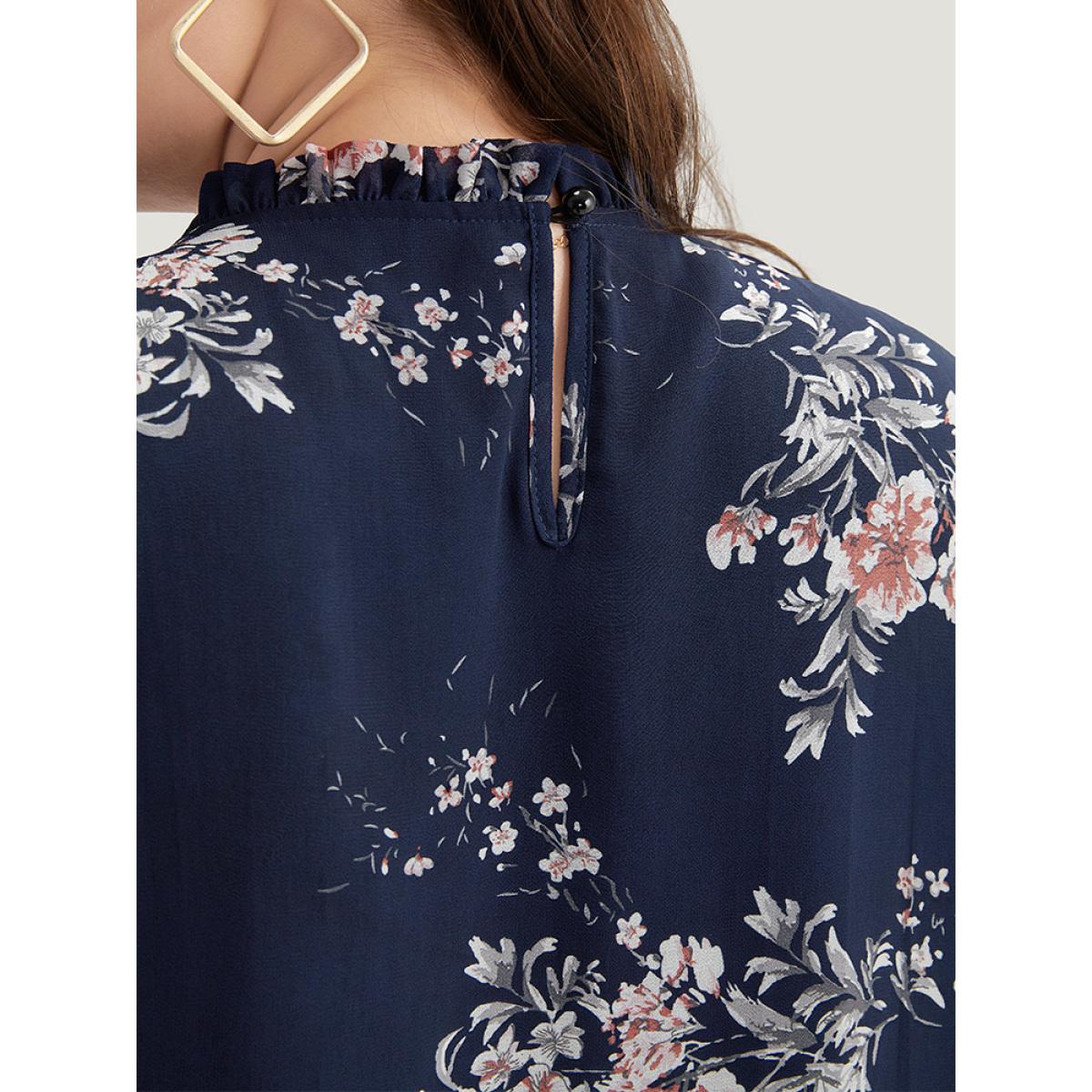 Plus Size Indigo Floral Print Frill Trim Shirred Flutter Sleeve Blouse Women Elegant Short sleeve Round Neck Dailywear Blouses BloomChic 26/4X Product Image