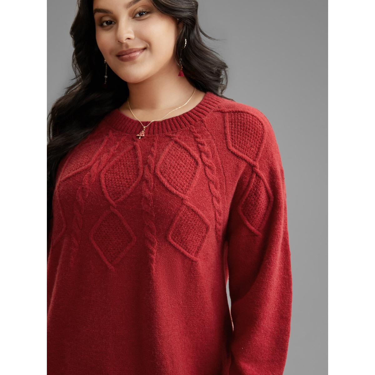 Plus Size Cable Knit Bodice Crew-Neck Pullover Brightred Women Leisure Loose Long Sleeve Round Neck Casual Pullovers BloomChic 22-24/3X Product Image