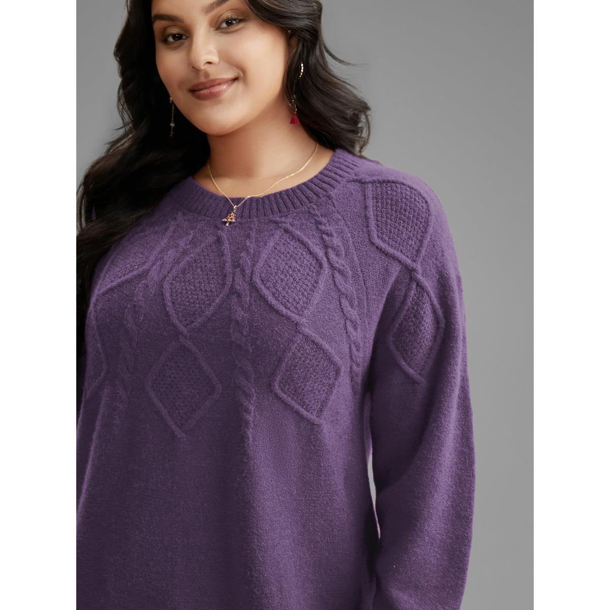 Plus Size Cable Knit Bodice Crew-Neck Pullover Mauve Women Casual Loose Long Sleeve Round Neck Everyday Pullovers BloomChic 12/L Product Image