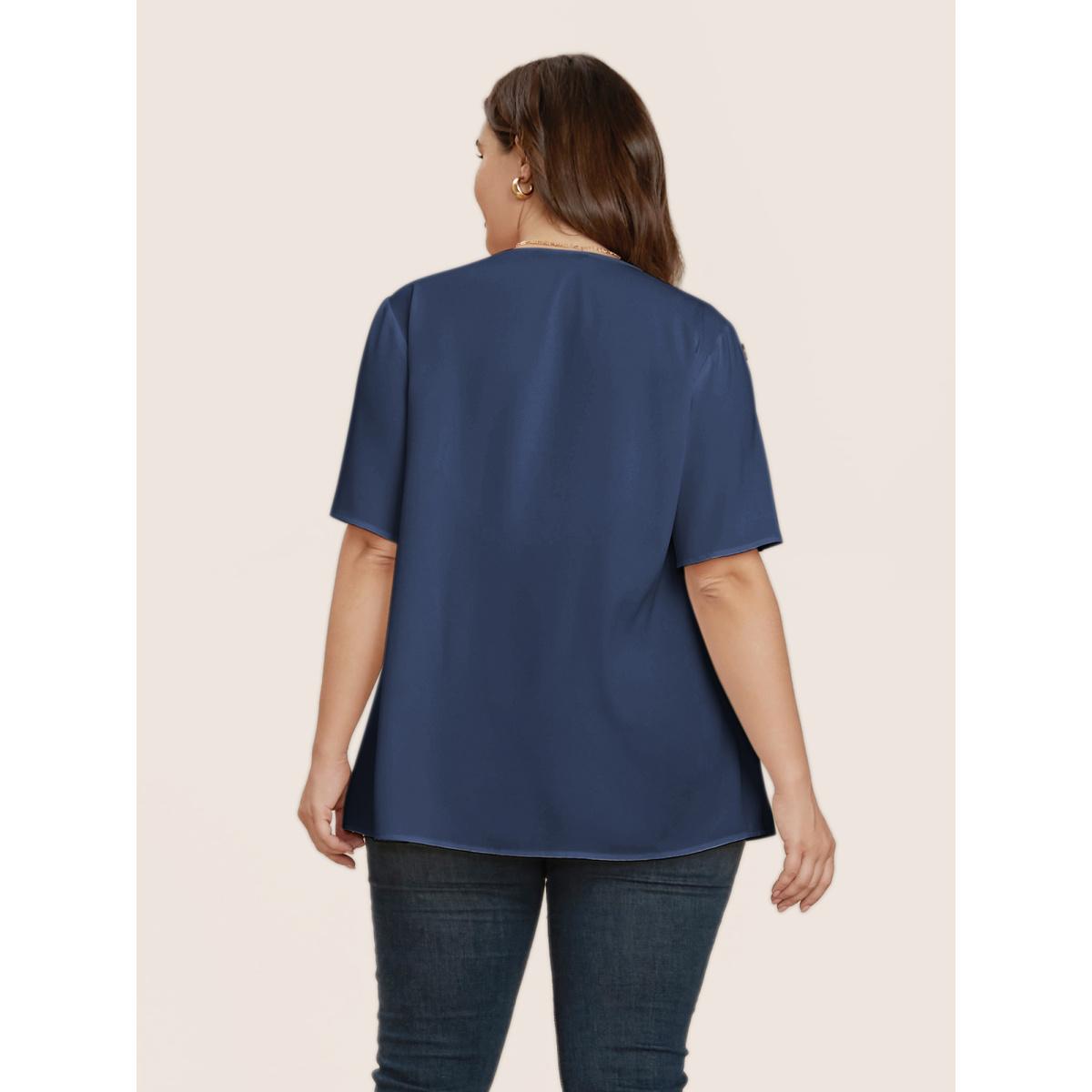 Plus Size Indigo Plain Round Neck Button Detail Blouse Women Casual Short sleeve Round Neck Everyday Blouses BloomChic 10/M Product Image