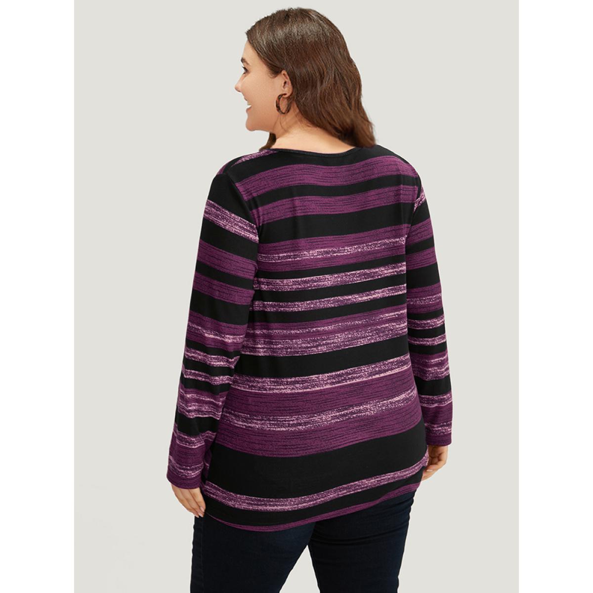 Plus Size Striped Contrast V Neck T-shirt Purple Women Casual Printed Striped V-neck Dailywear T-shirts BloomChic 12/L Product Image