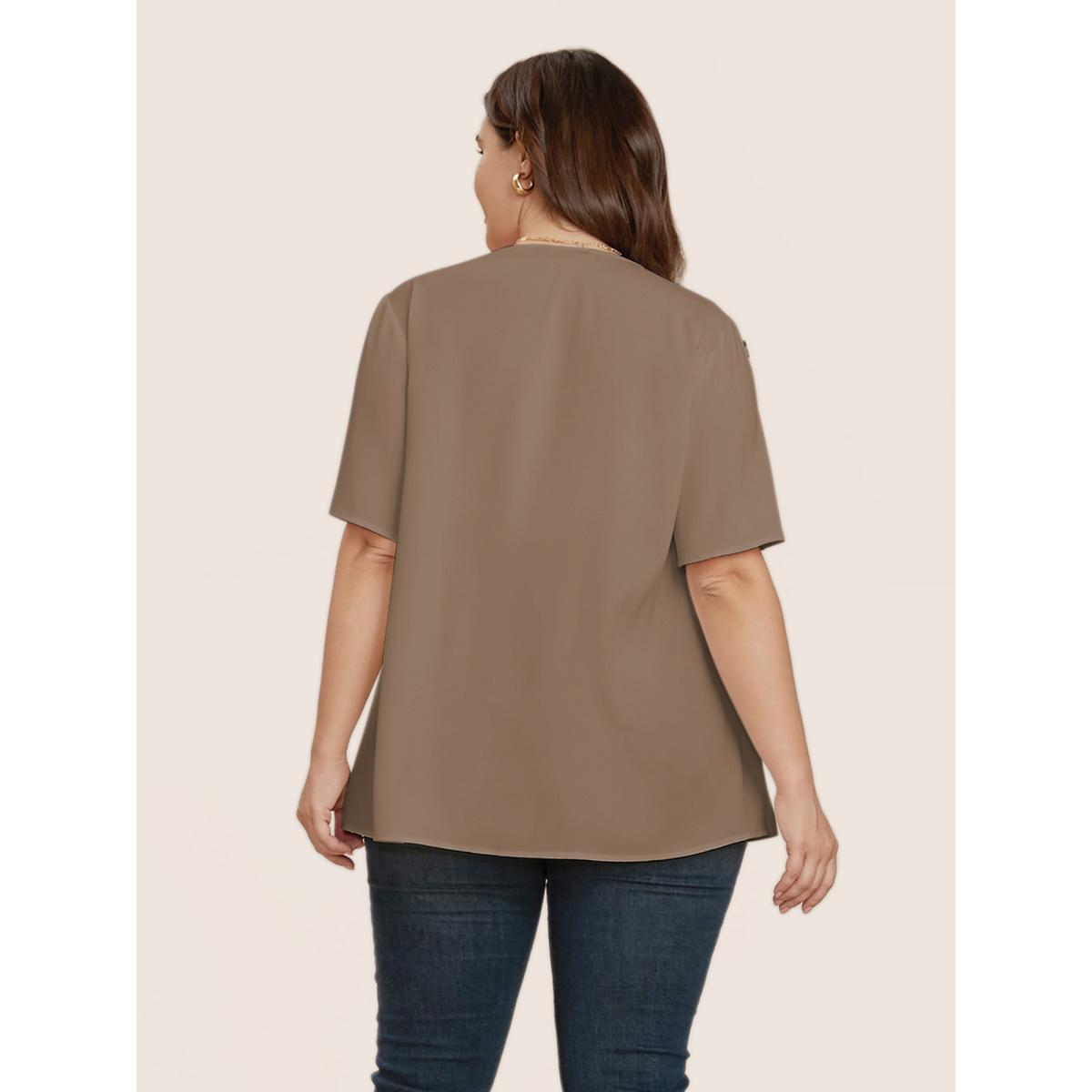 Plus Size Tan Plain Round Neck Button Detail Blouse Women Casual Short sleeve Round Neck Everyday Blouses BloomChic 28/5X Product Image