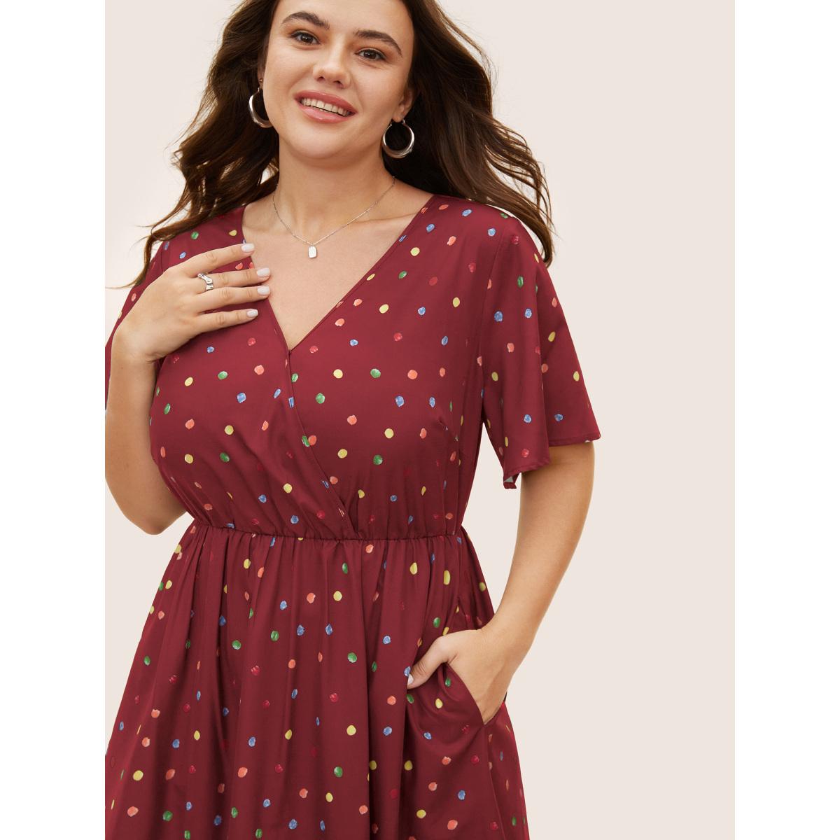 Plus Size Colored Polka Dot Overlap Collar Midi Dress DarkGreen Women Elegant Contrast Overlap Collar Short sleeve Curvy BloomChic 18-20/2X Product Image