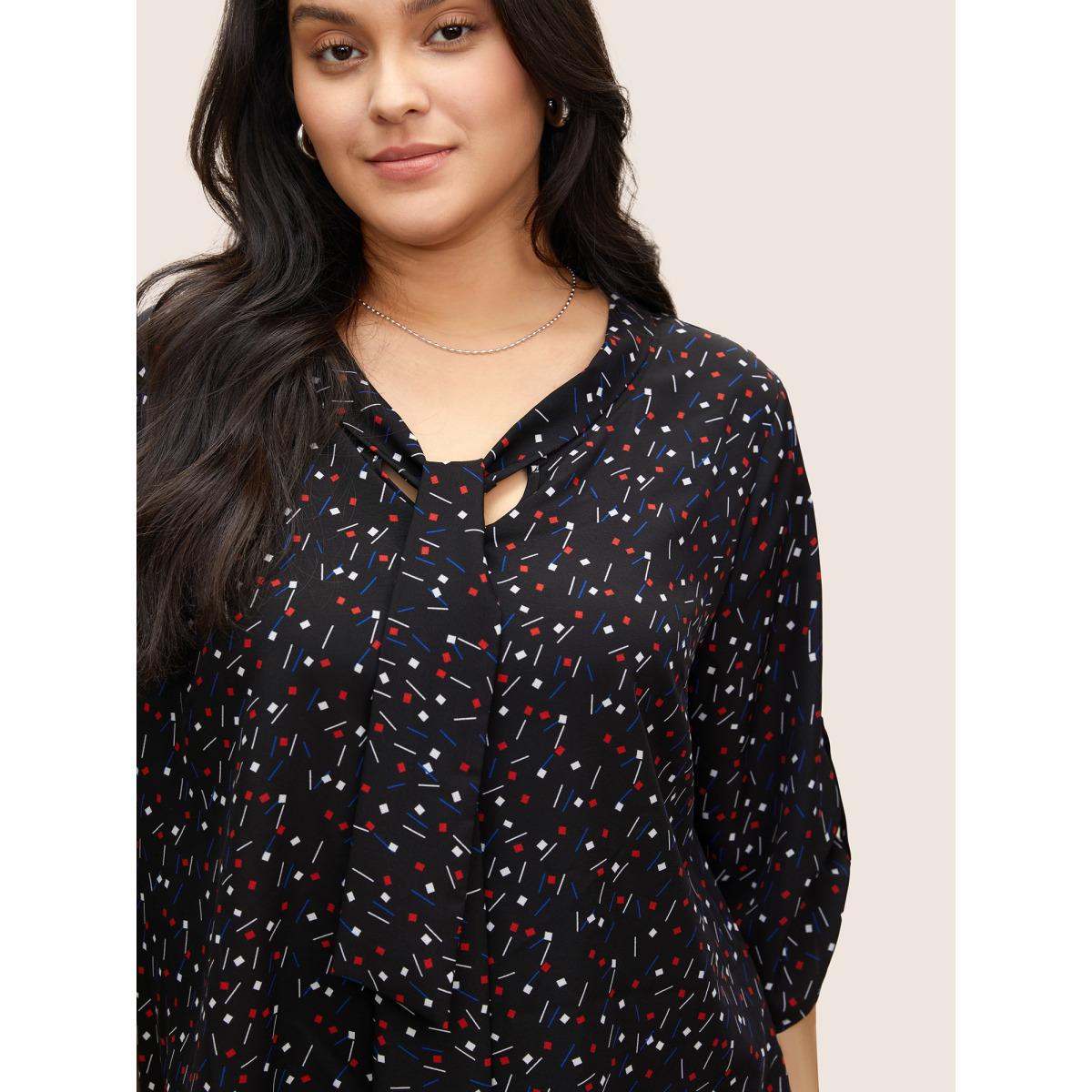 Plus Size Black Geometric Tab Sleeve Tie Neck Blouse Women At the Office Elbow-length sleeve Ribbon-tied collar Office Blouses BloomChic 12/L Product Image