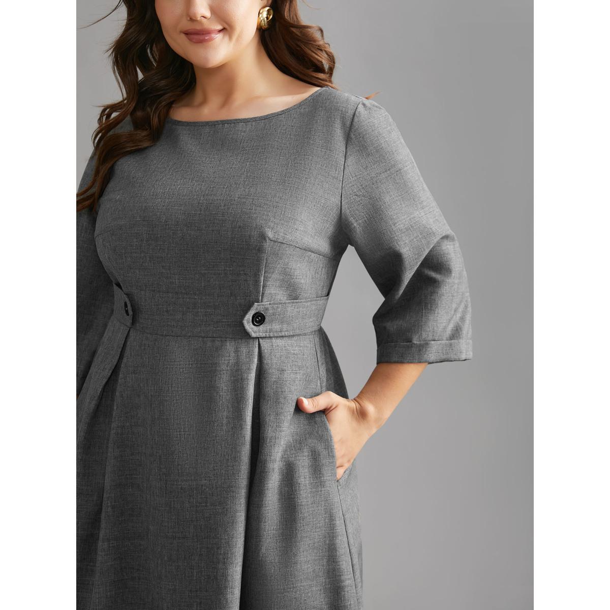 Plus Size Buckled Waist Loops Pleated Midi Dress DarkGray Women At the Office Pleated Boat Neck Elbow-length sleeve Curvy BloomChic 10/M Product Image