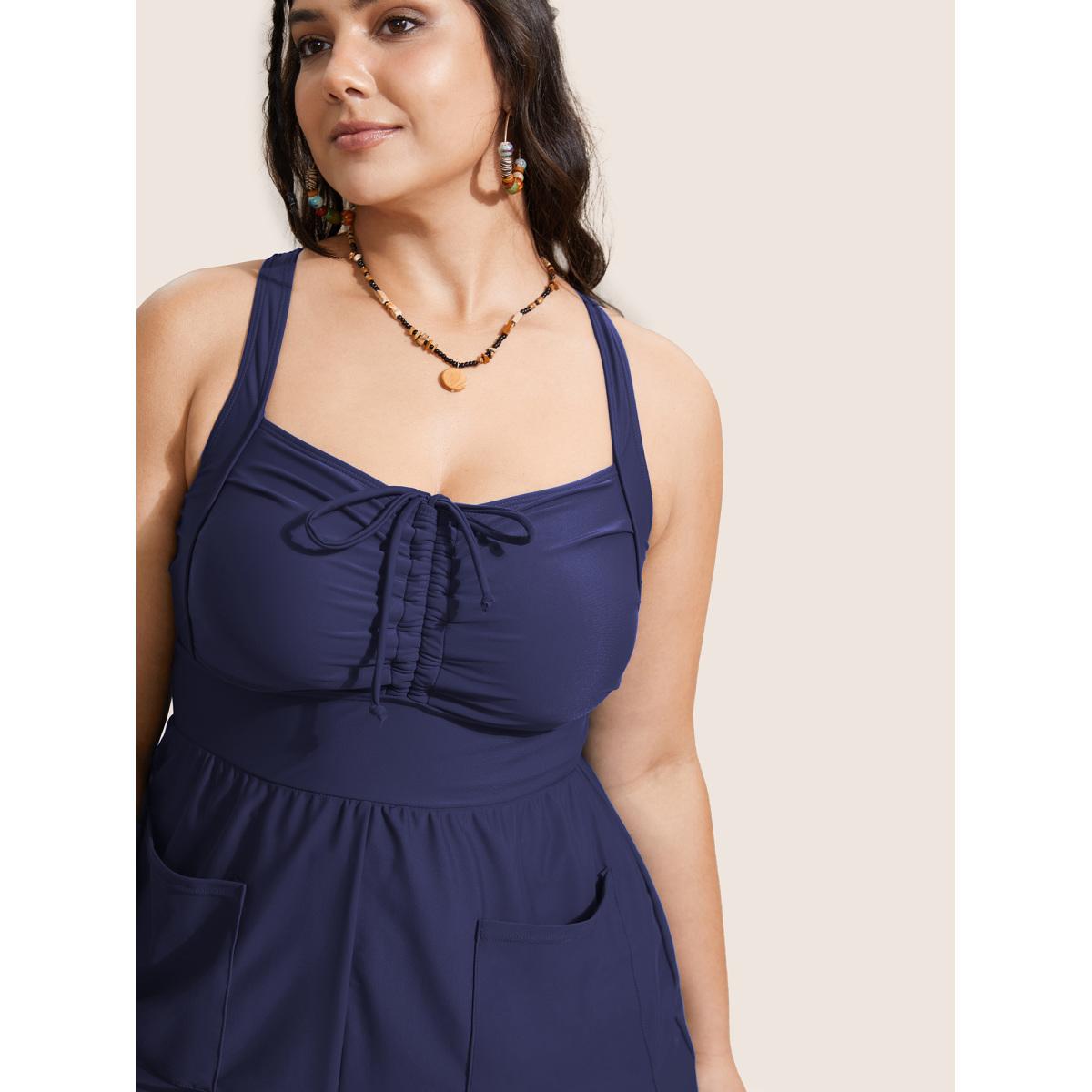 Plus Size Plain Patched Pocket Drawstring One Piece Swimsuit Women's Swimwear Indigo Resort Gathered Curve Bathing Suits High stretch One Pieces BloomChic 10/M Product Image