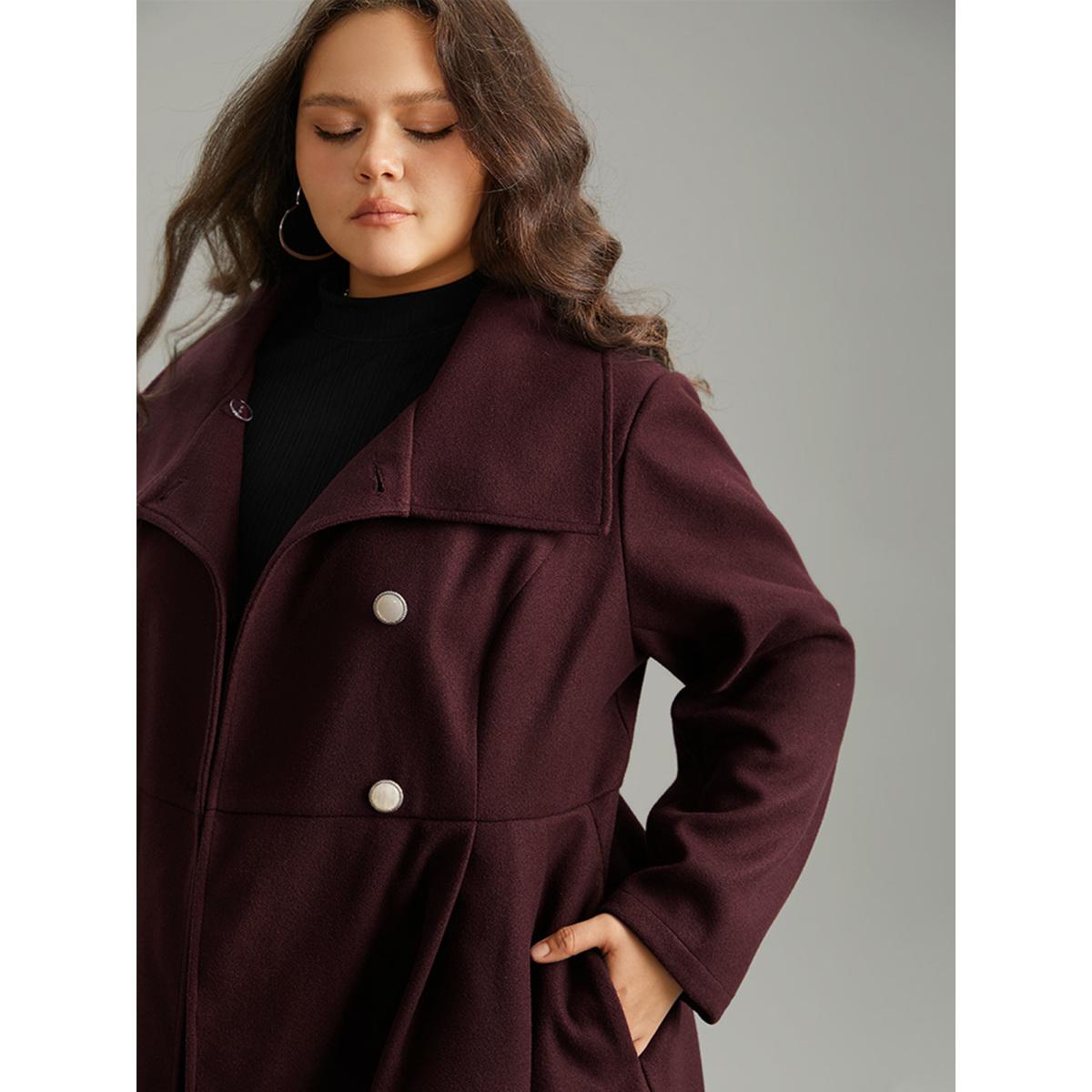 Plus Size Plain Button Up Pocket Asymmetrical Lapel Collar Coat Women Burgundy Elegant Plain Ladies Everyday Winter Coats BloomChic 22-24/3X Product Image