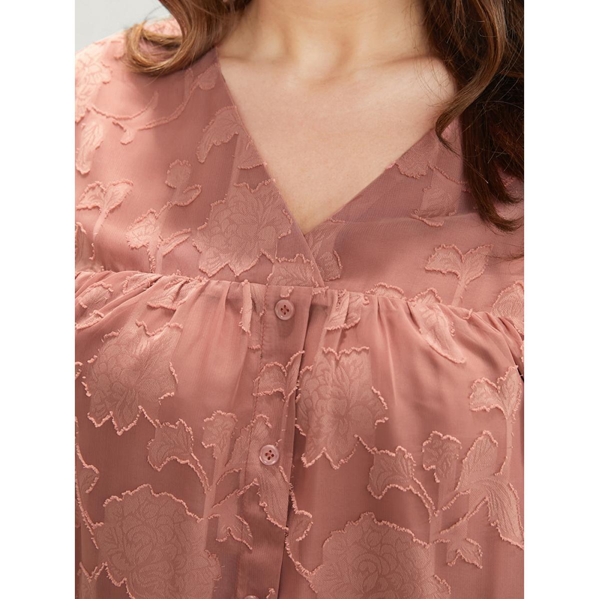 Plus Size DustyPink Floral Print Mesh Ruffle Sleeve Button Detail V Neck Blouse Women Elegant Short sleeve V-neck Going out Blouses BloomChic 12/L Product Image