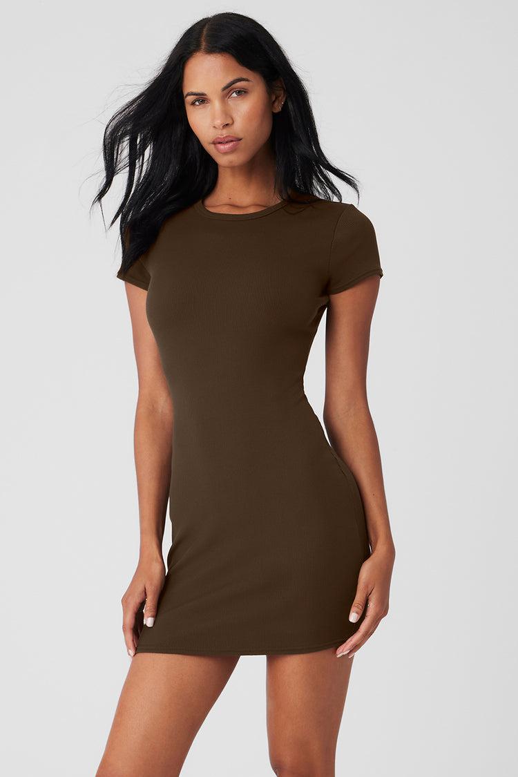 Goddess Ribbed Short Sleeve Dress - Espresso Product Image