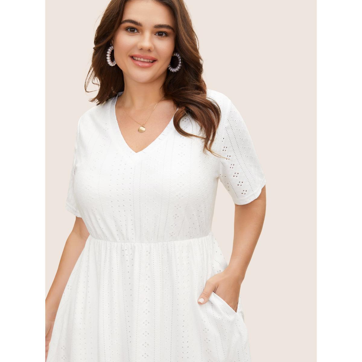 Plus Size Plain Broderie Anglaise Elastic Waist Dress Originalwhite Women Elegant Texture V-neck Short sleeve Curvy BloomChic 18-20/2X Product Image