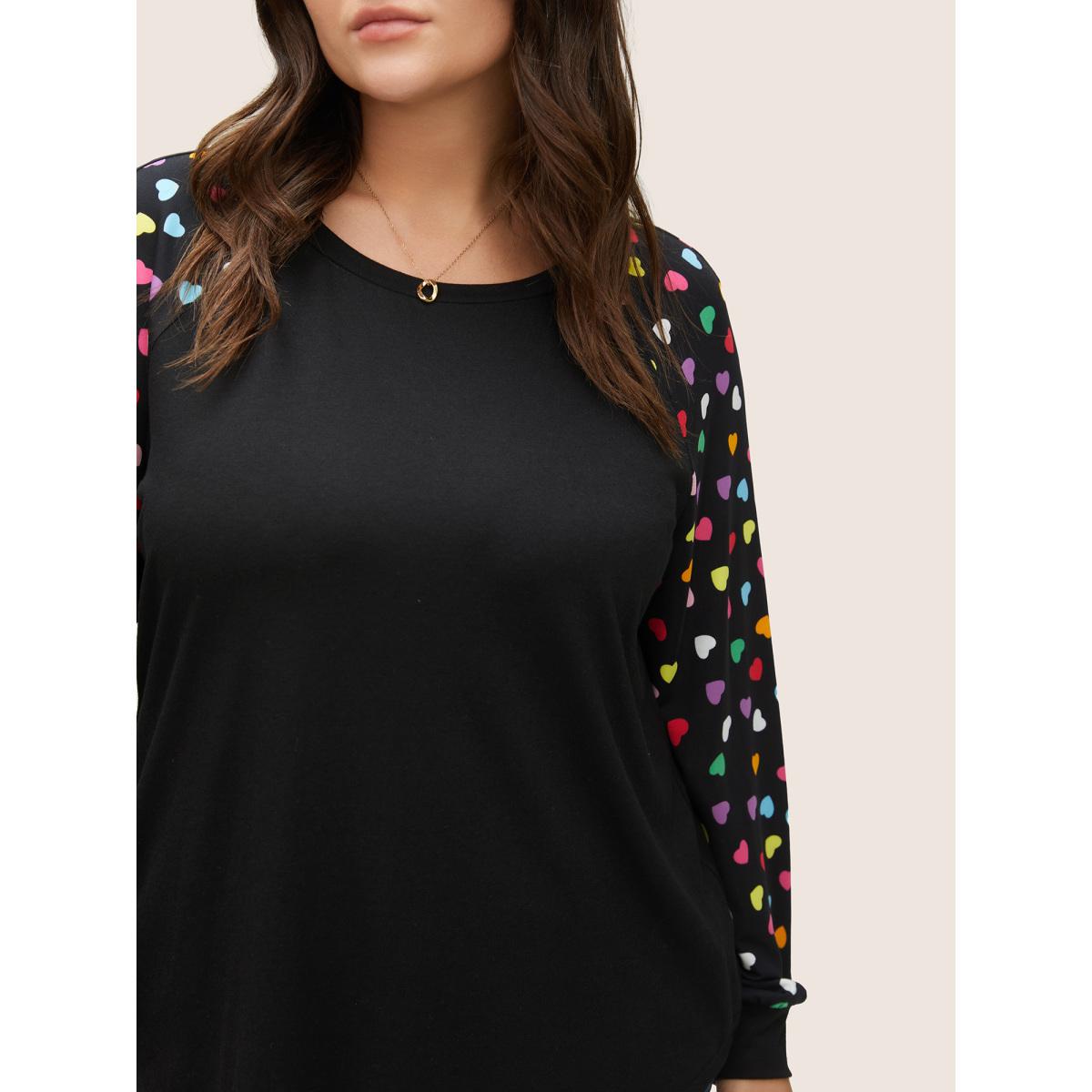 Plus Size Colour Heart Print Raglan Sleeve T-shirt Black Women Timeless Non Heart Print Round Neck Elegant T-shirts BloomChic 26/4X Product Image
