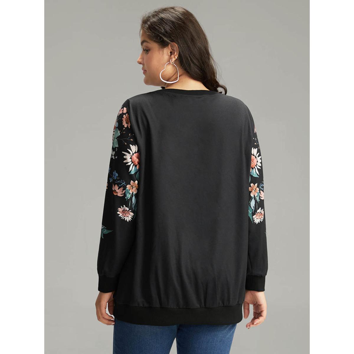 Plus Size Floral Print Round Neck Sweatshirt Women Black Casual Elastic cuffs Round Neck Dailywear Sweatshirts BloomChic 14-16/1X Product Image