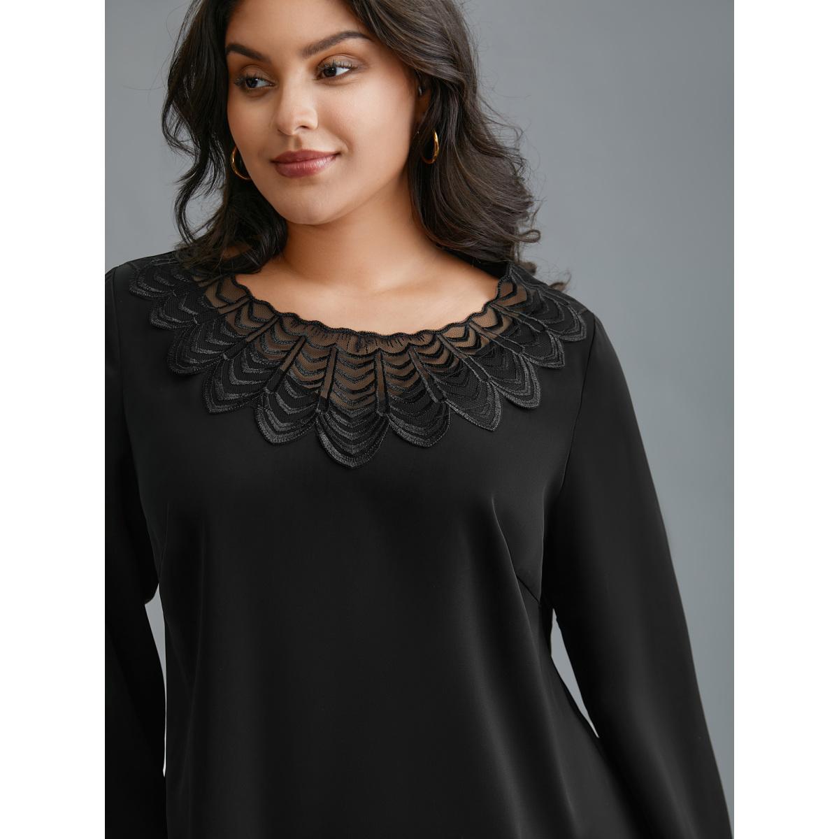 Plus Size Black Lace Trim Sheer Neckline Blouse Women Elegant Long Sleeve Round Neck Everyday Blouses BloomChic 26/4X Product Image