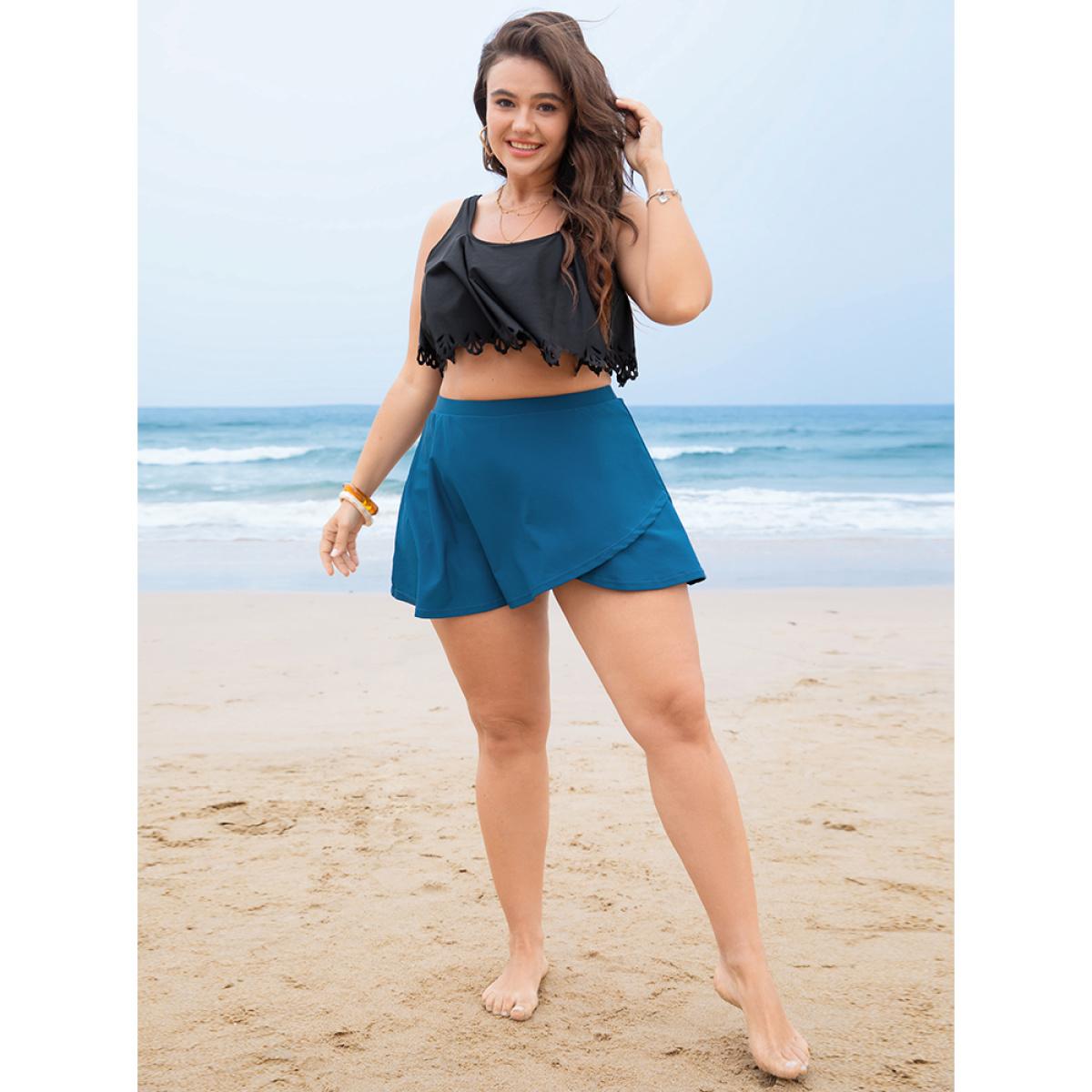 Plus Size Solid Ruffle Wrap Hem Swim Skirt Women's Swimwear Indigo Vacation A-line High stretch Bodycon High Rise Curve Swim Bottoms BloomChic 26/4X Product Image