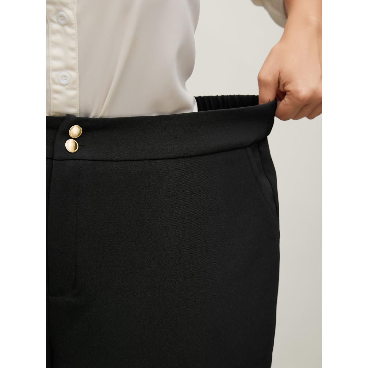 Plus Size Stretchy Double Button Straight-Leg Pants Women Black Office Loose Mid Rise Office Pants BloomChic 14-16/1X Product Image